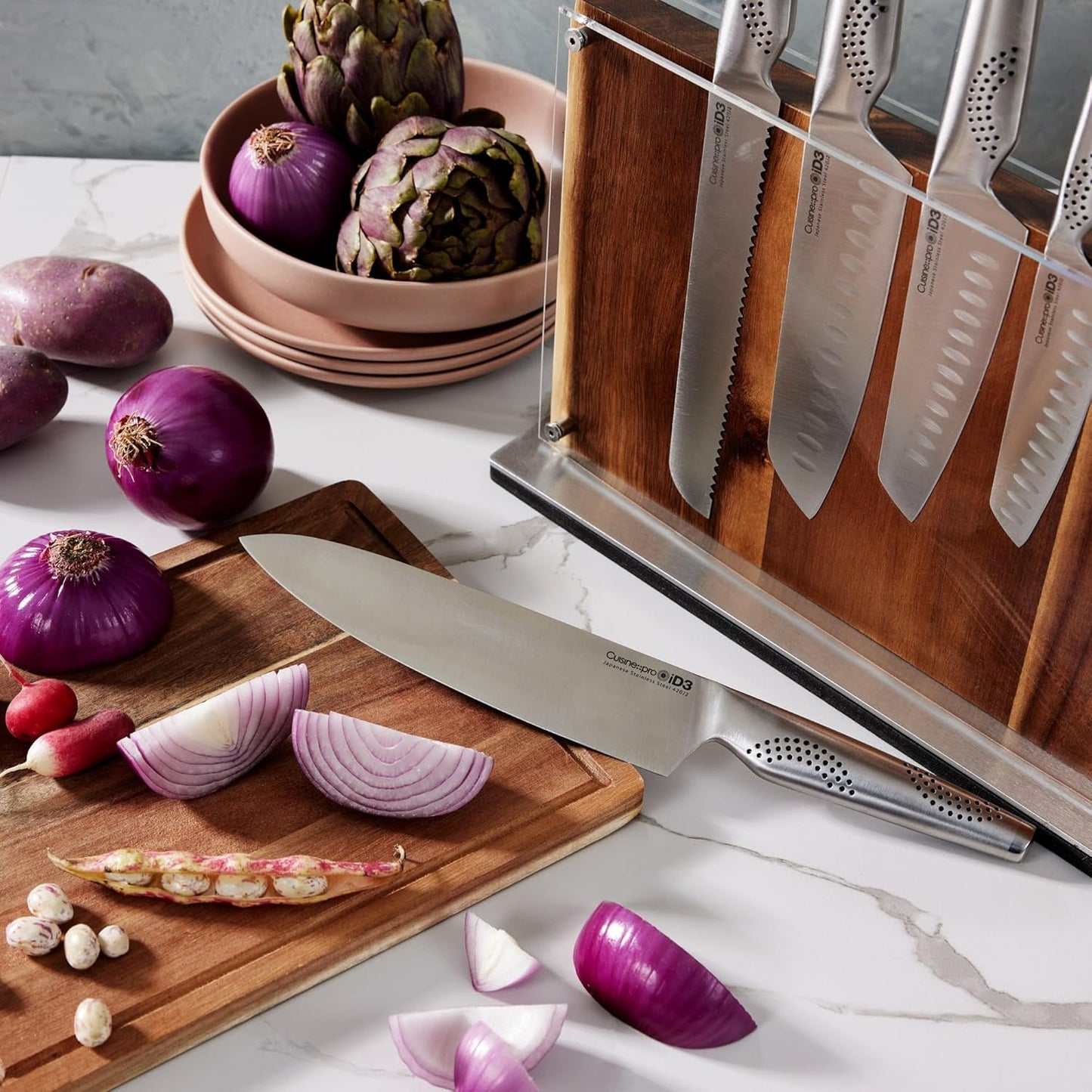 Damashiro Emperor Knife Block (Hikari, 7 Piece Set) - Premium Japanese Steel Knife Set with Tempered Glass - Magnetic Knife Holder - Professional Knife Set in Damascus Design