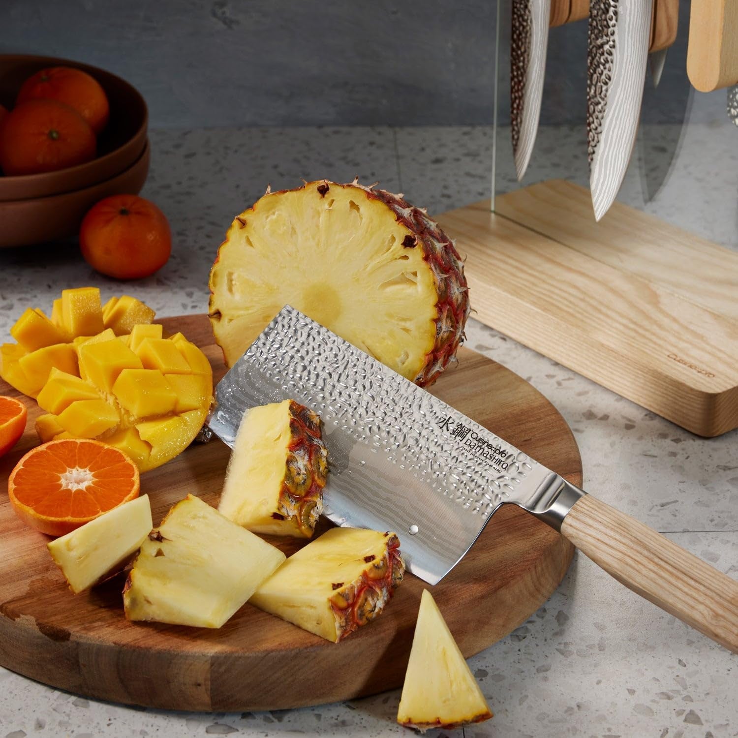 Damashiro Emperor Knife Block (Hikari, 7 Piece Set) - Premium Japanese Steel Knife Set with Tempered Glass - Magnetic Knife Holder - Professional Knife Set in Damascus Design