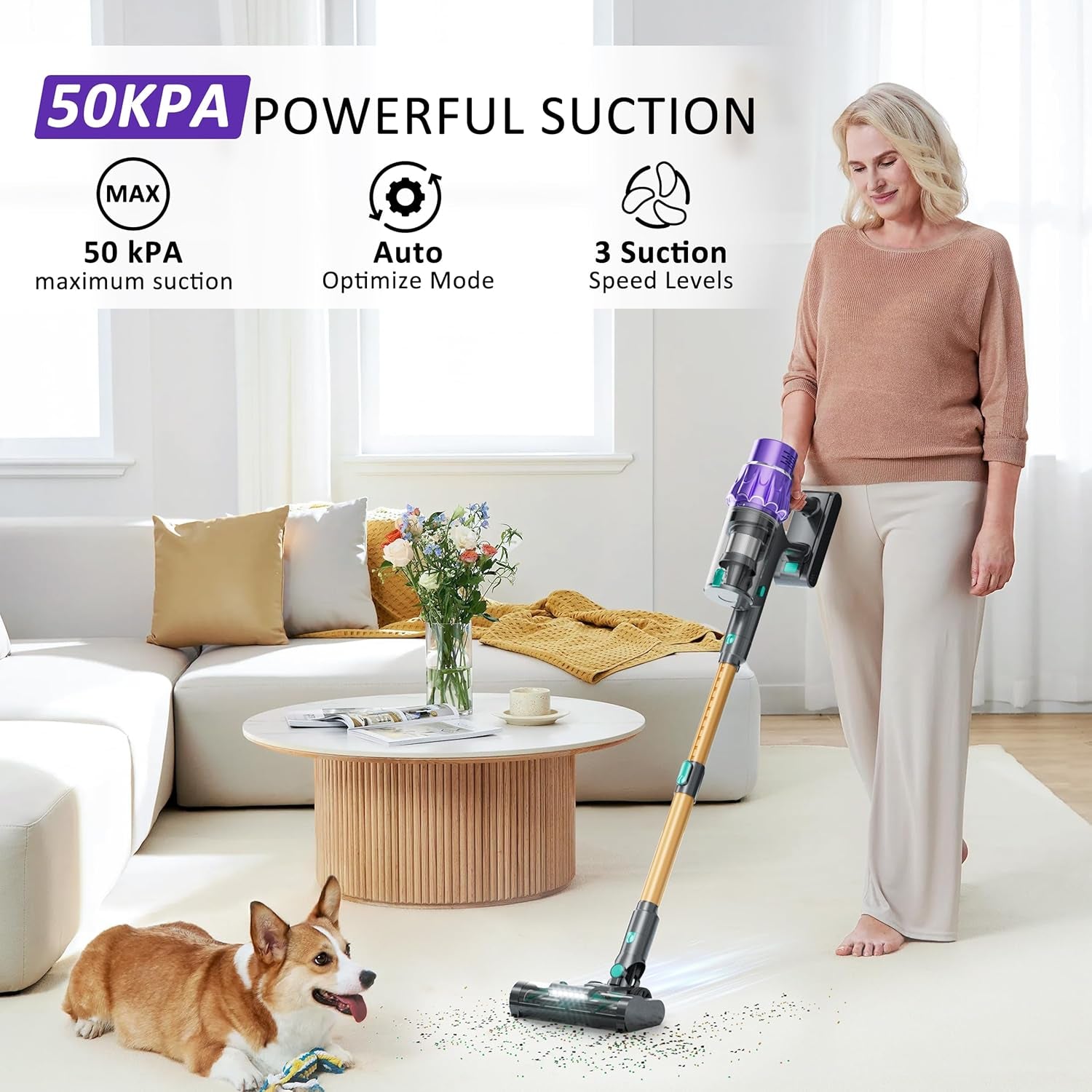 Cordless Vacuum Cleaner, 50Kpa/70Mins Vacuum Cleaners for Home with Auto Dust Detection/Led Touch Display, Stick Vacuum Cordless Rechargeable, Pet Vacuum for Pet Hair,Hardwood Floor,Carpet