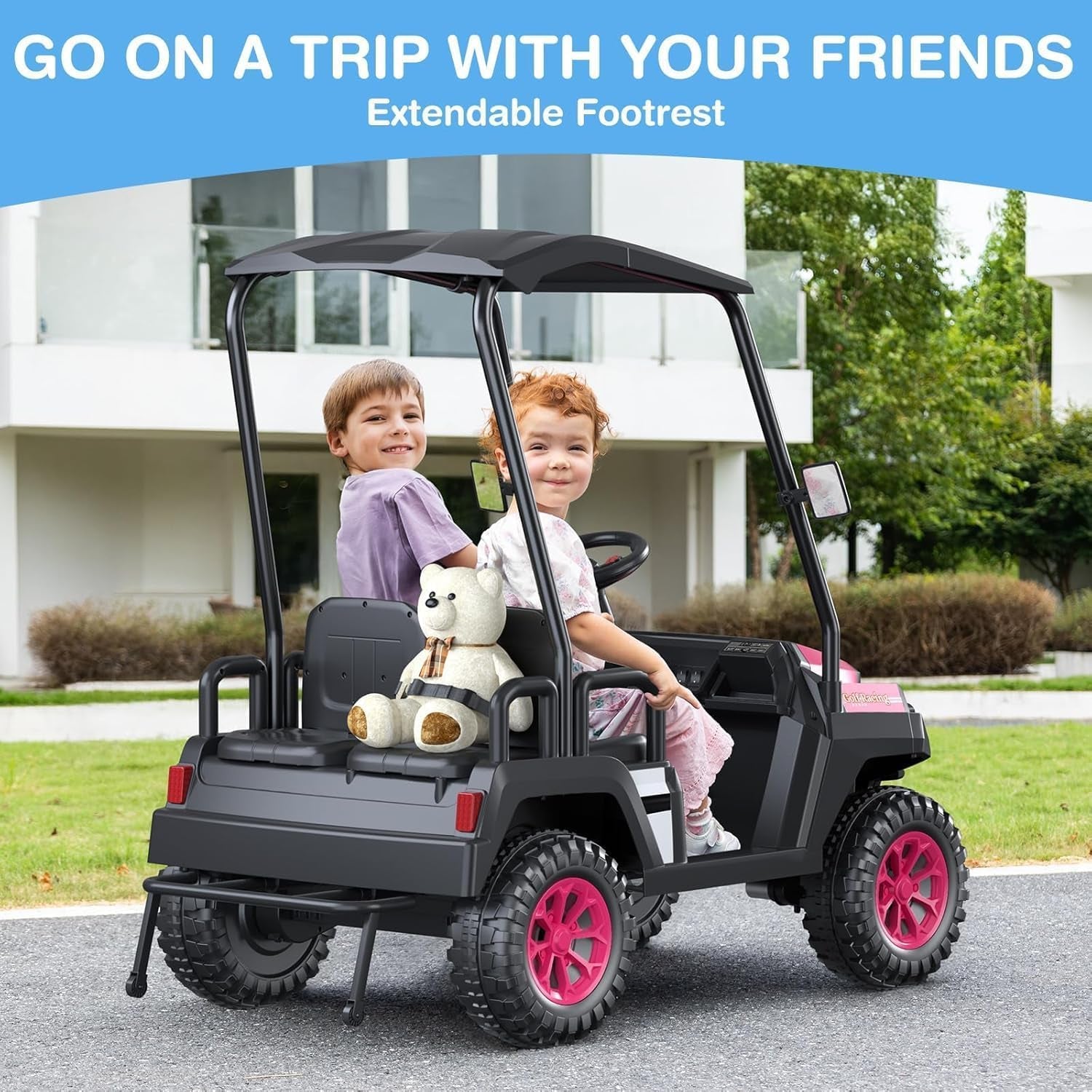 R9 24V Kids Golf Cart, 4 Seats, 4WD Kids Electric Car W/Remote Control, Detachable Awning, Spring Suspension, Multimedia Functions Including Music, Story, Wireless Connection, Horn, Power Display