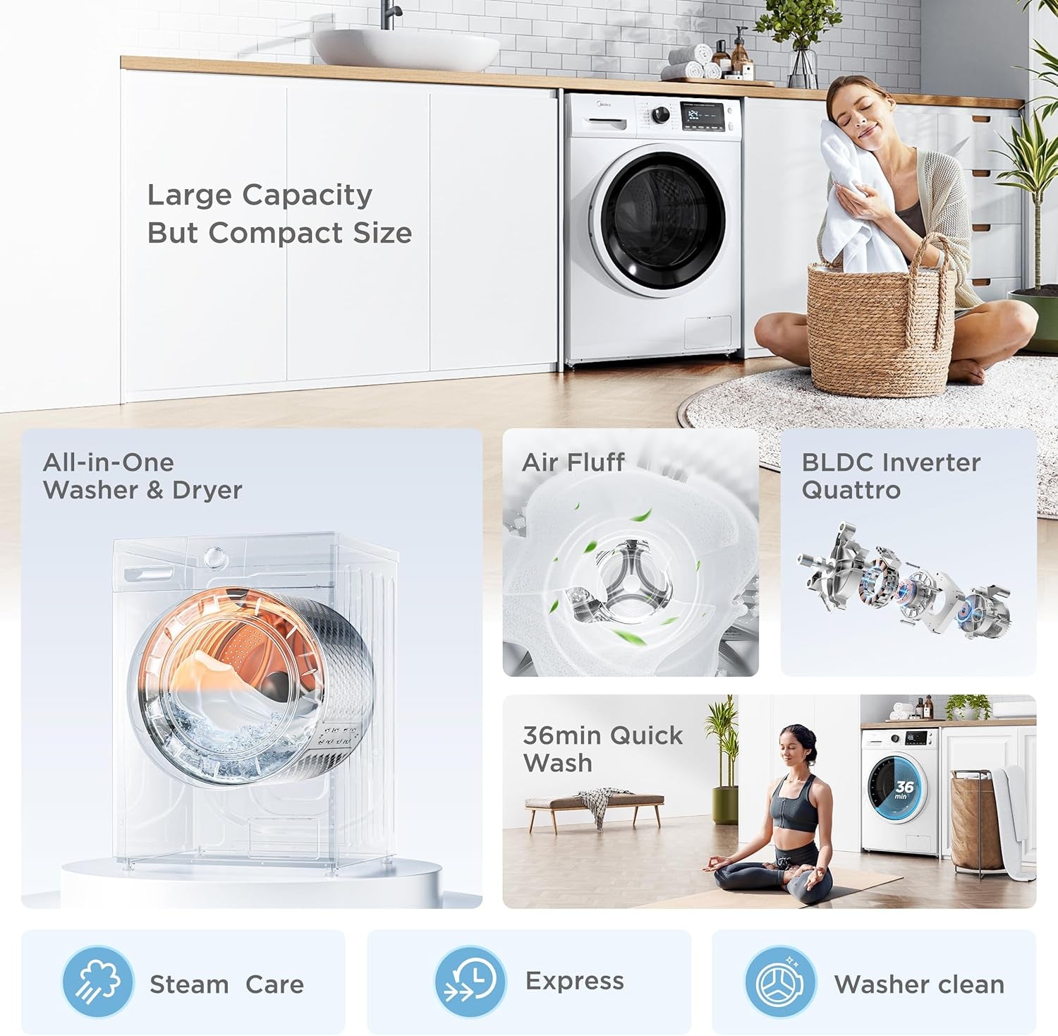 24 Inch Washer and Dryer Combo, All in One Washer and Dryer 2.7 Cu.Ft 26Lbs, Ventless Washing Machine, Steam Care, Overnight Dry, 1400 RPM, 16 Cycles Front Load Washer, Full-Automatic, White