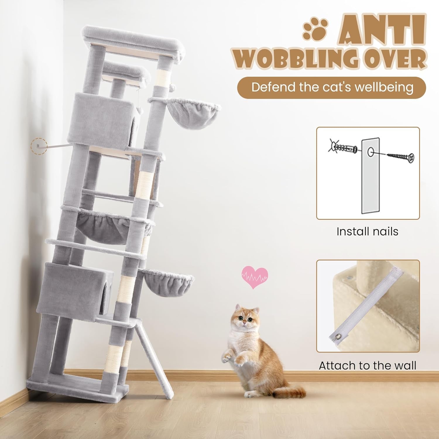 81In Multi-Level Tall Cat Tree Tower for Indoor Kitties/Larger Cat Condo Furniture with Hammock/Cozy Pussycat Perches/Sisal Scratching Posts/Pet House/Wide Base/Grey