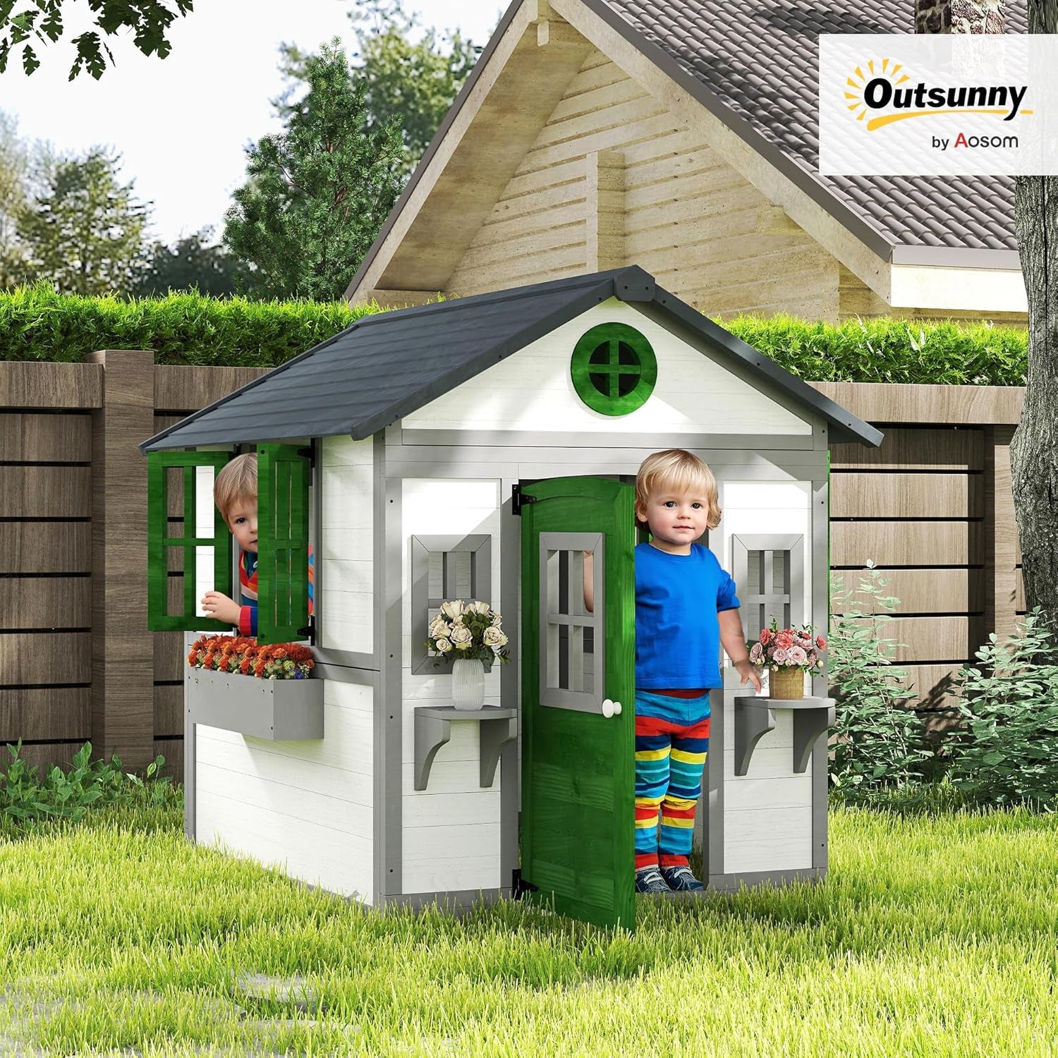 Outdoor Kids Playhouse, Wooden Playhouse with Doors, Windows, Planter Pots and Boxes for Toddlers 3-8 Years, Cottage Play House for Backyard, DIY Chicken Coop, White
