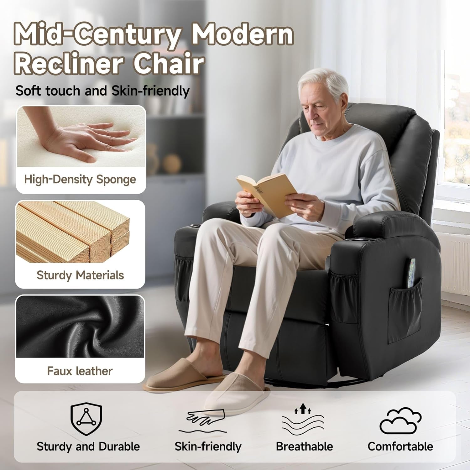 Recliner Chair, Rocking Chair with Massage and Heat, 360° Swivel Recliner Chairs for Adults, Rocker Manual Recliner with Remote Control and Cup Holder for Living Room, Bedroom, Nursery