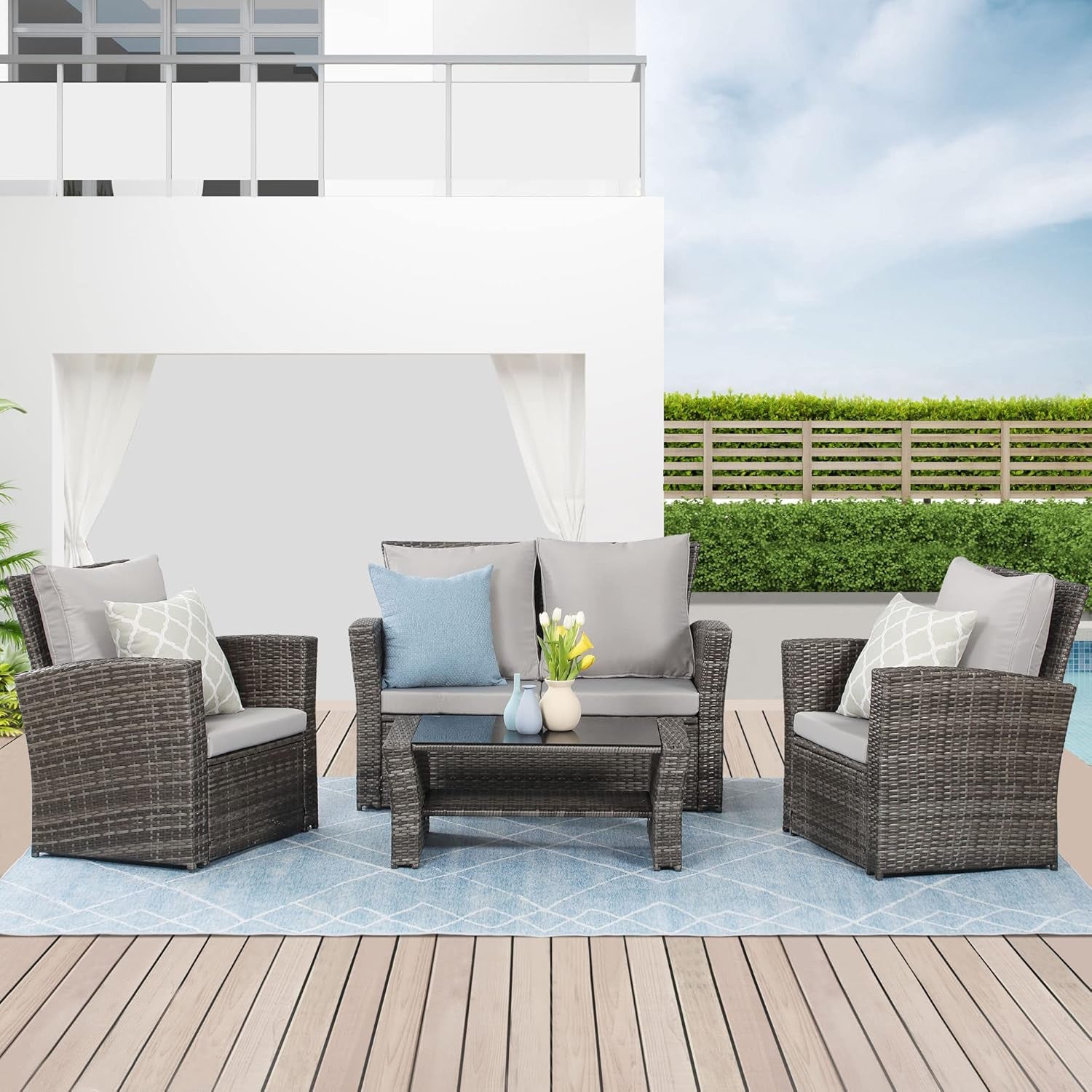 4 Piece Outdoor Patio Furniture Sets, Wicker Conversation Set for Porch Deck, Gray Rattan Sofa Chair with Cushion