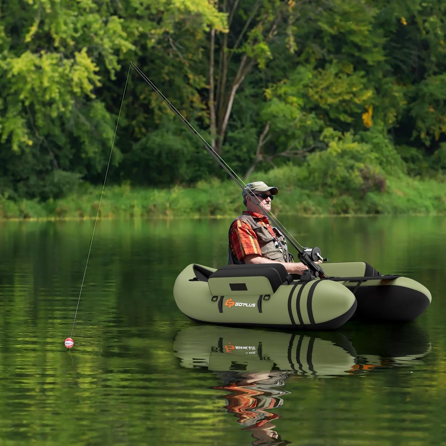 Inflatable Float Tube, Fishing Belly Boat with Fish Ruler, Pump, Storage Bag, Adjustable Straps, Fishing Float Tube for Angling, 350LBS Load Capacity
