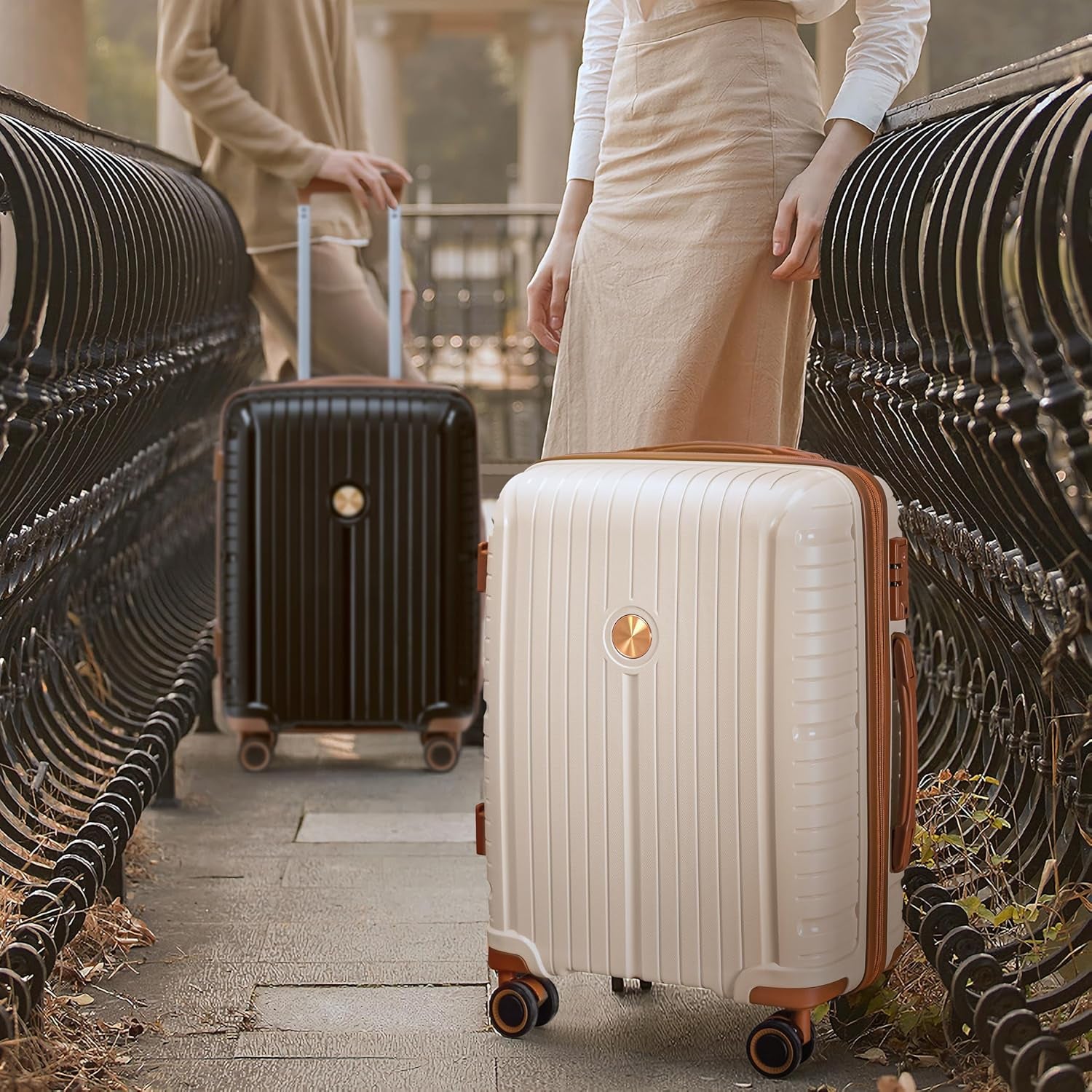 Luggage Sets 5 Piece PP Hardshell Carry on Suitcase, Travel Lightweight Carry-On with Double Spinner Wheels and TSA Lock, Beige Brown