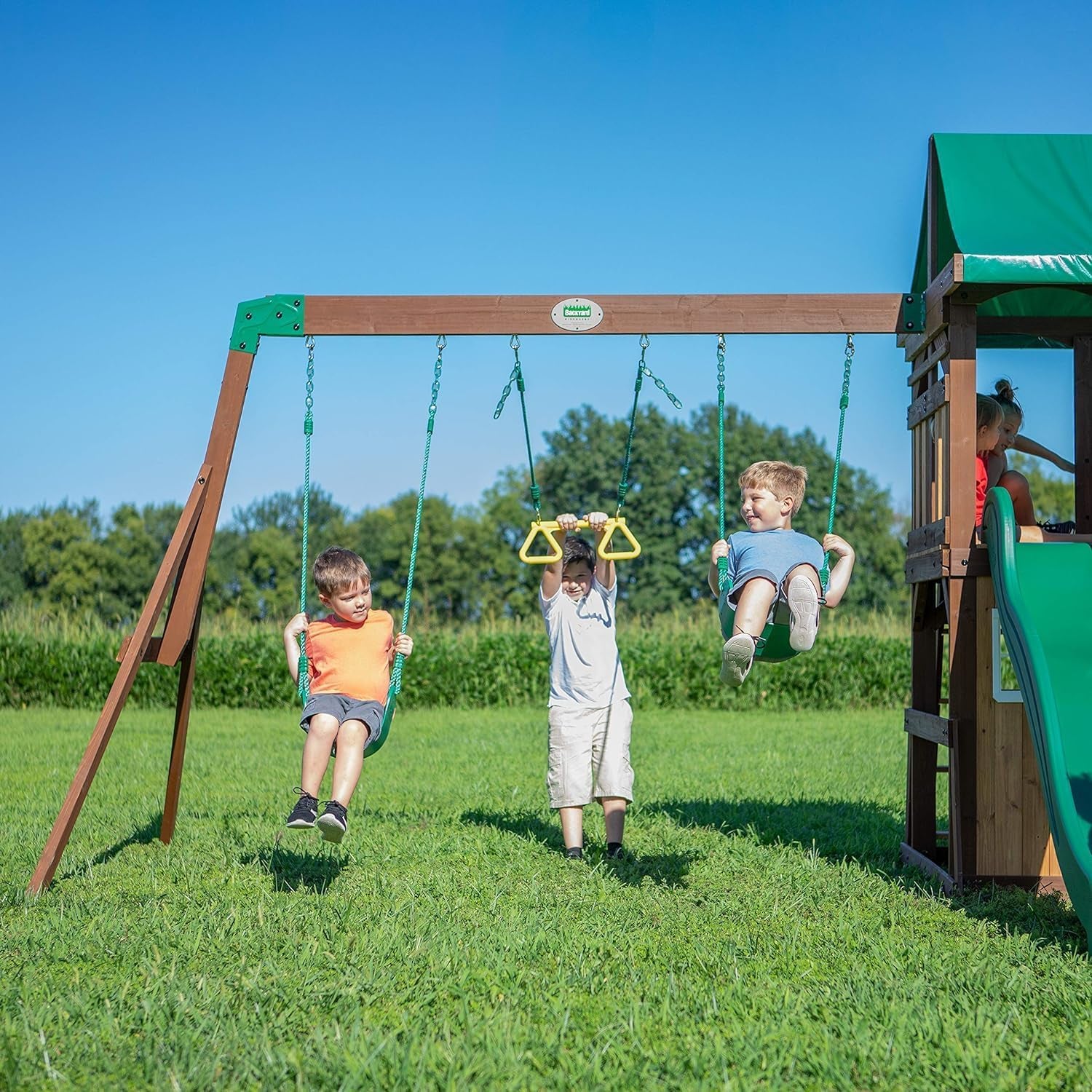 Lakewood Cedar Wood Swing Set with Wave Slide, Clubhouse, Playhouse, Snack Bar Window, Picnic Area, Belt Swings, Trapeze, Full Front Door, Windows, Step Ladder, Outdoor Playset