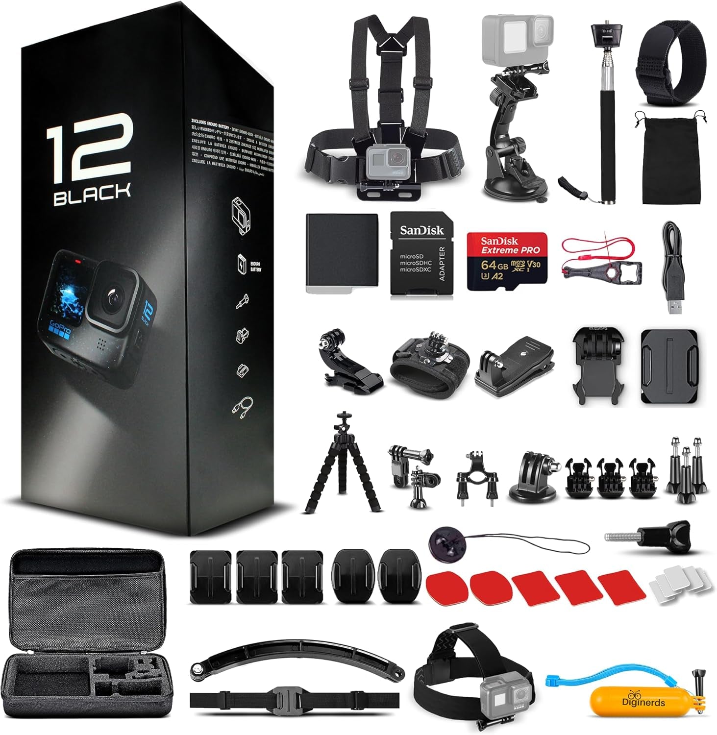 HERO12 (Hero 12) Black - Waterproof Action Camera with 5.3K HDR Video, 27MP Photos, 1/1.9" Image Sensor, Live Streaming, Webcam, Stabilization + 64GB Card & 50 Piece Accessory Kit - Bundle