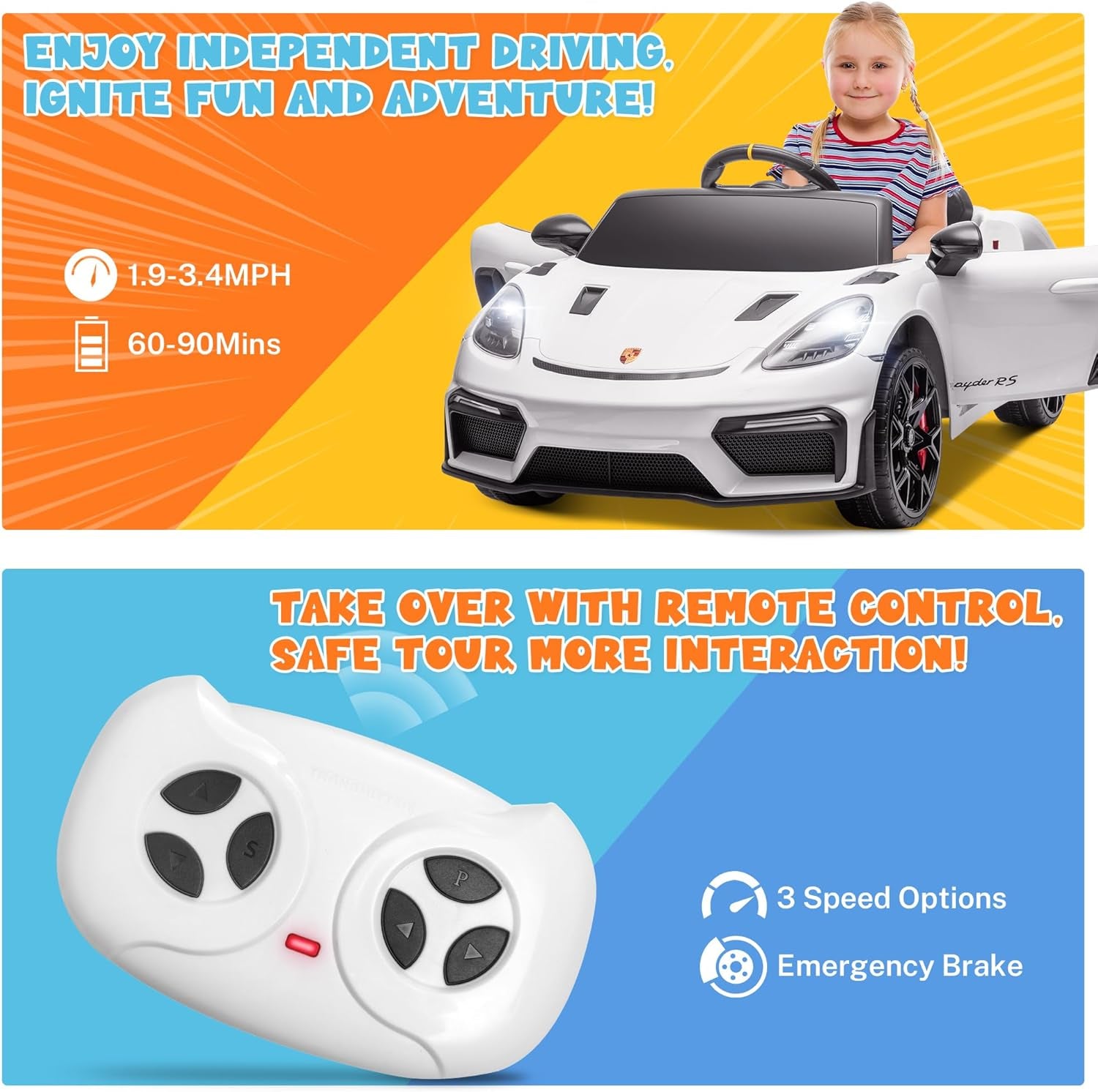Licensed Porsche 718 Spyder RS Ride-On Electric Car for Kids with Remote Control, 12V Ride on Toys for Toddlers, Electric Power Vehicle W/Trailer Wheels, Bluetooth/Usb/Aux, LED Lights, White