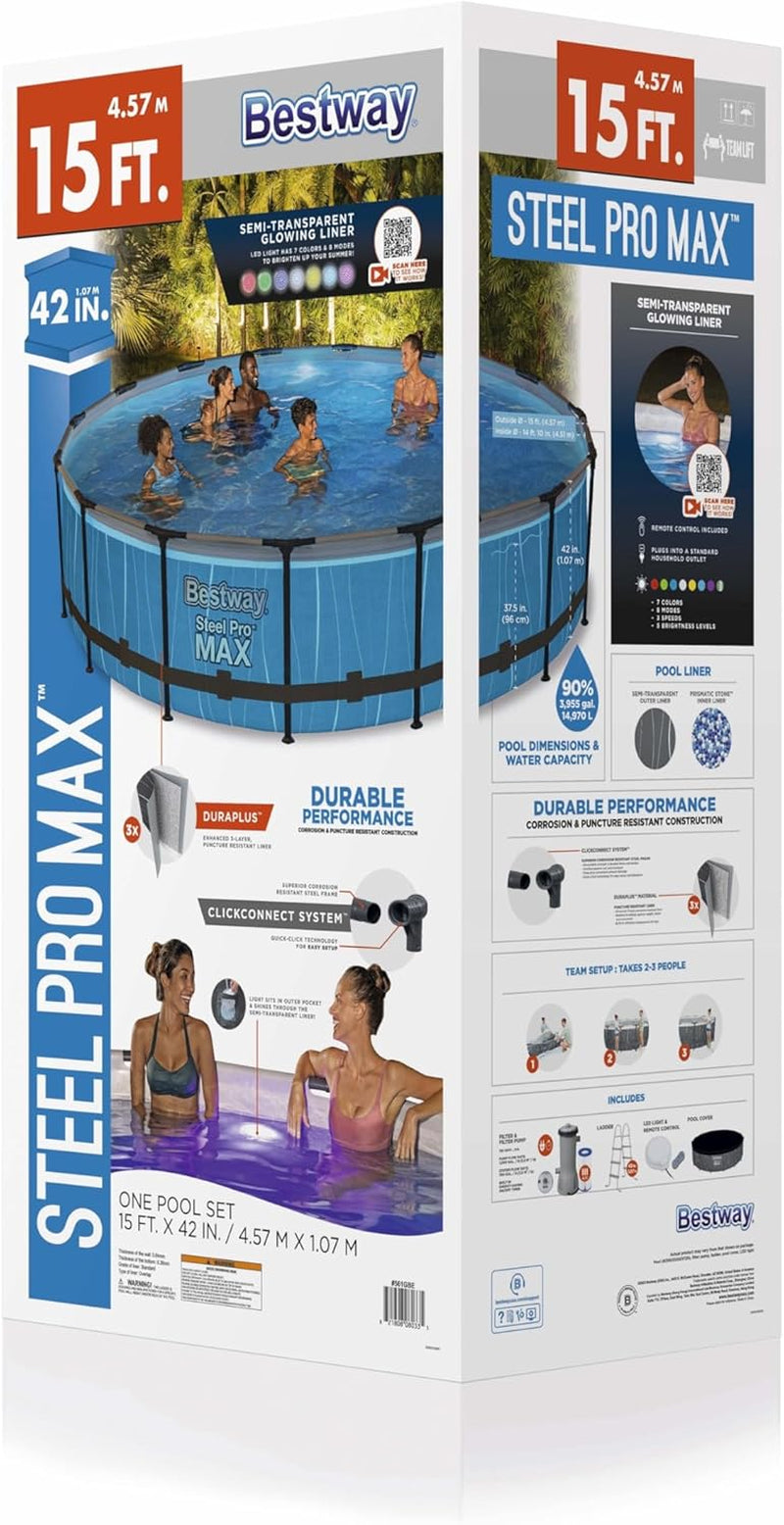 Steel Pro MAX above Ground Swimming Pool (15' X 42") | round Outdoor Backyard Family Pool with Color-Changing Pool Liner | Features 7-Color LED Lights