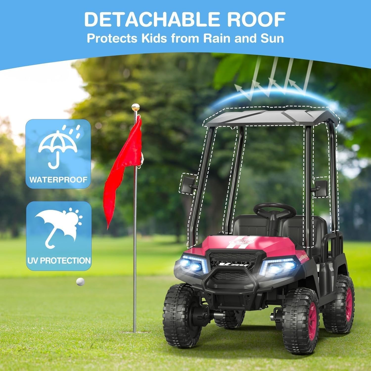R9 24V Kids Golf Cart, 4 Seats, 4WD Kids Electric Car W/Remote Control, Detachable Awning, Spring Suspension, Multimedia Functions Including Music, Story, Wireless Connection, Horn, Power Display