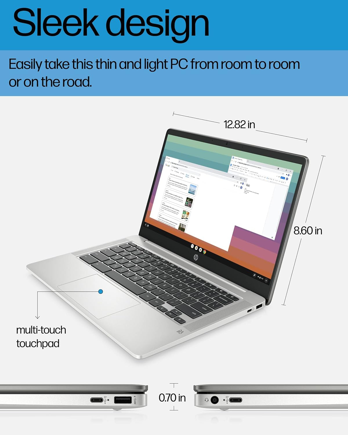 Chromebook 14 Laptop, Intel Celeron N4120, 4 GB RAM, 64 GB Emmc, 14" HD Display, Chrome OS, Thin Design, 4K Graphics, Long Battery Life, Ash Gray Keyboard (14A-Na0226Nr, 2022, Mineral Silver)