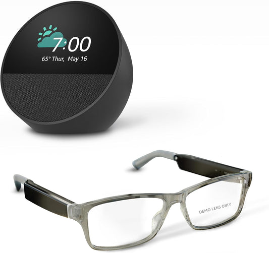 Echo Frames (Newest Model) + Echo Spot (Newest Model), Smart Glasses with Alexa, Modern Rectangle Frames in Charcoal Gray with Prescription Ready Lenses