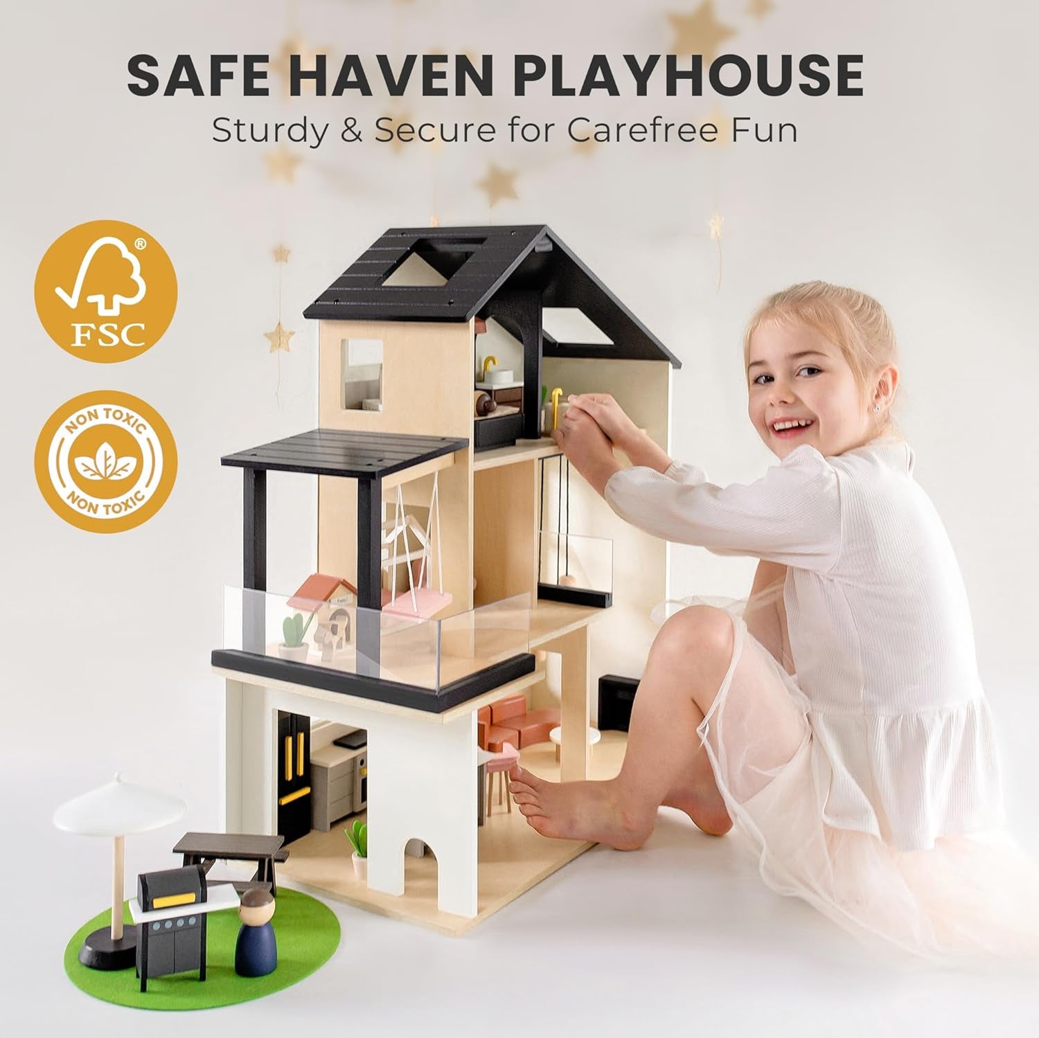 Doll House, Modern Family Dollhouse with Realistic Design, Wooden Dollhouse with 53Pcs Furniture - Ideal Gift for Kids Ages 3+