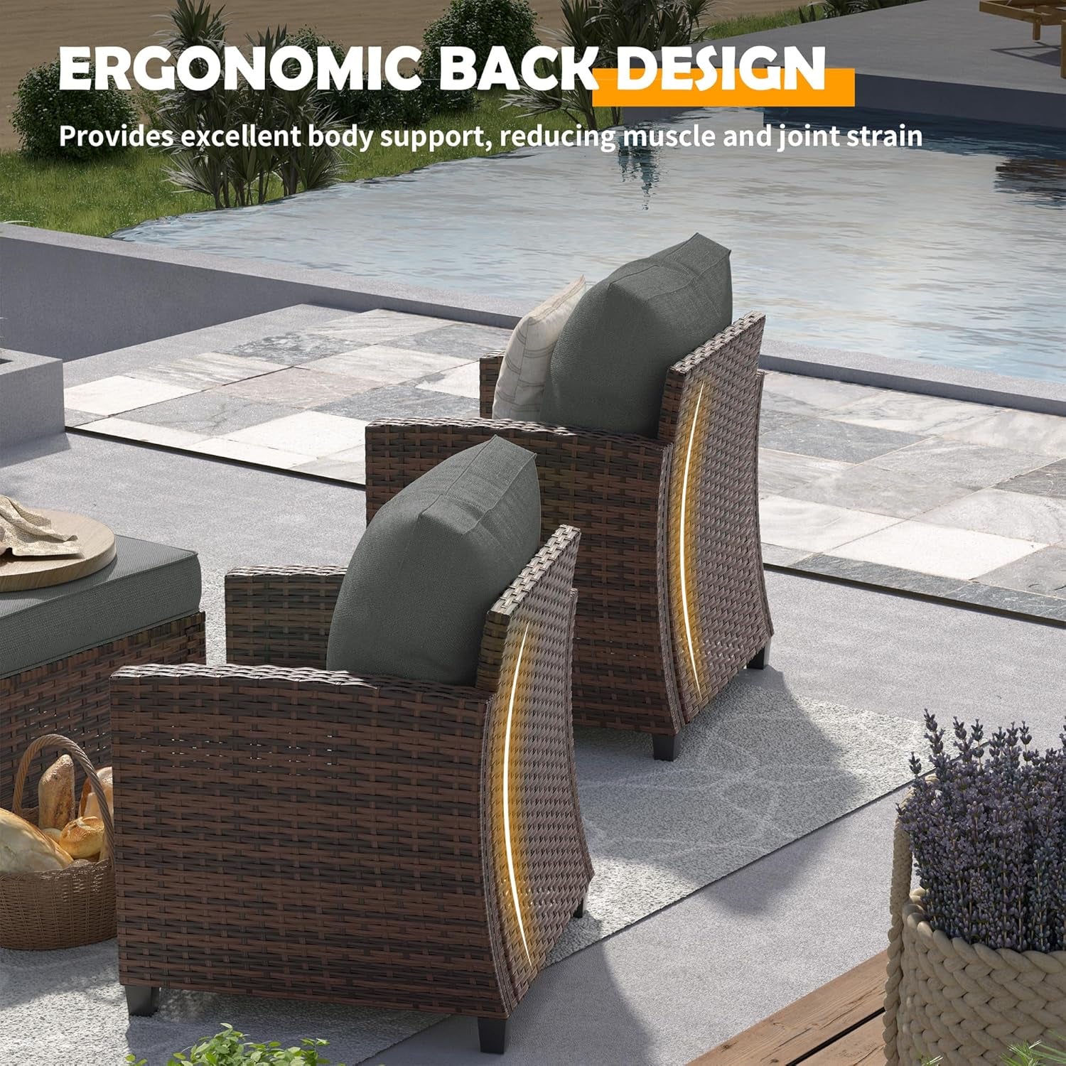 Patio Conversation Set, 5 Pieces Outdoor Furniture Set, All-Weather Wicker Rattan High Back Outdoor Sectional Sofa Set with Ottoman for Poolside, Backyard, Brown Wicker Dark Grey Cushions