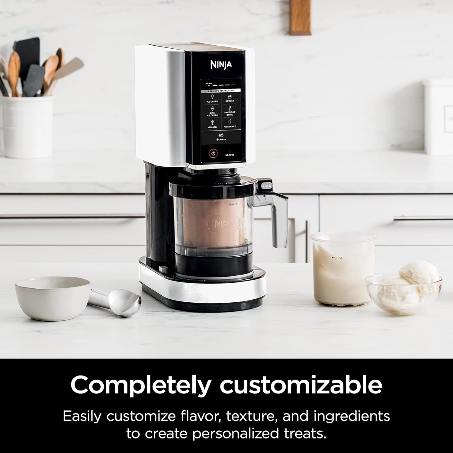 Creami Ice Cream Maker, 7 One-Touch Programs, with (2) Pint Containers & Lids, Compact Size, White (NC301WHBBB)