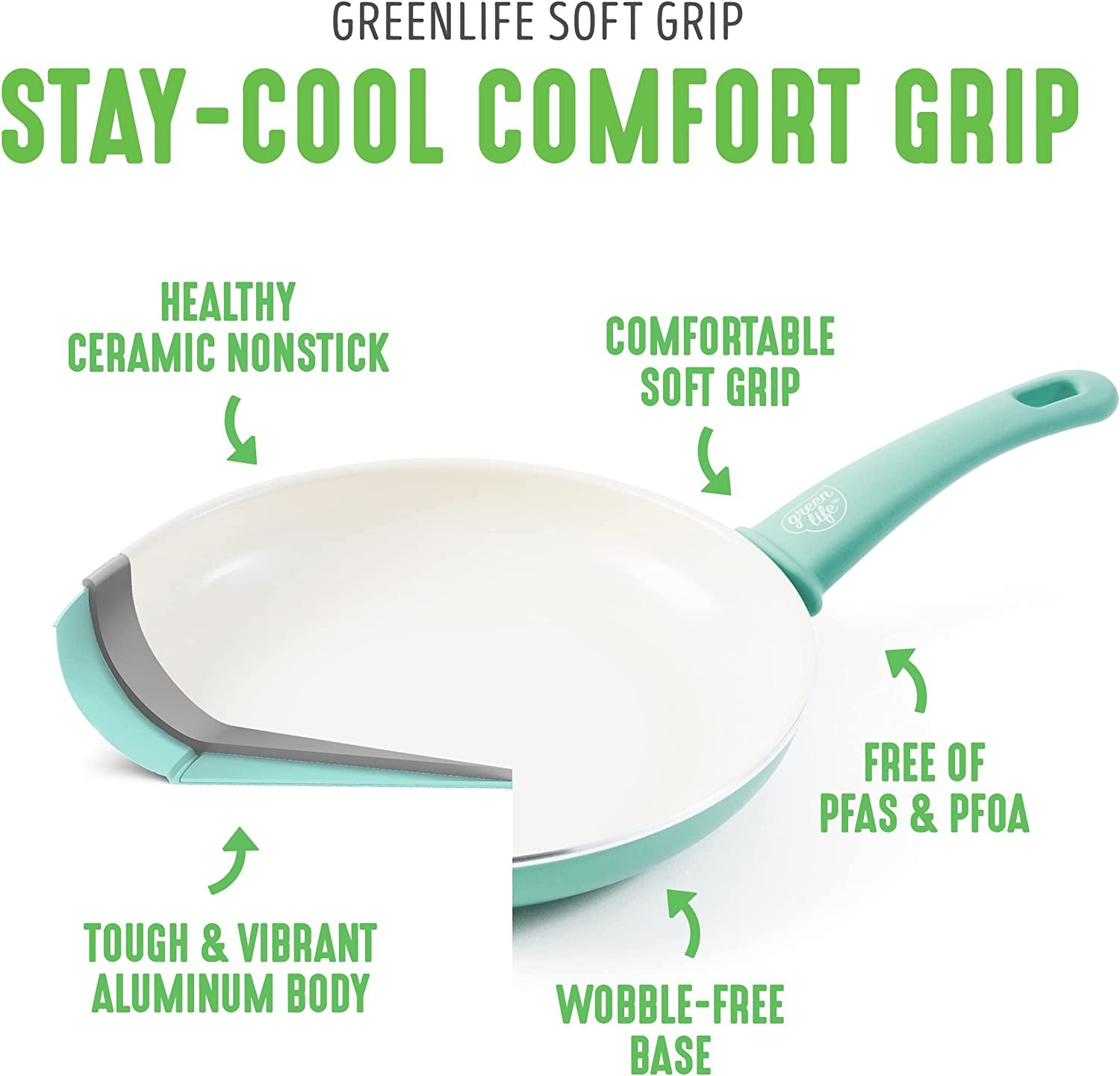 Soft Grip 16 Piece Cookware Set, Non-Toxic Pfas-Free Ceramic Nonstick, Pots, Frying, Sauce, Saute, Glass Lids, Stay-Cool Handles, Wobble Free Bases, Dishwasher & Oven Safe, Turquoise