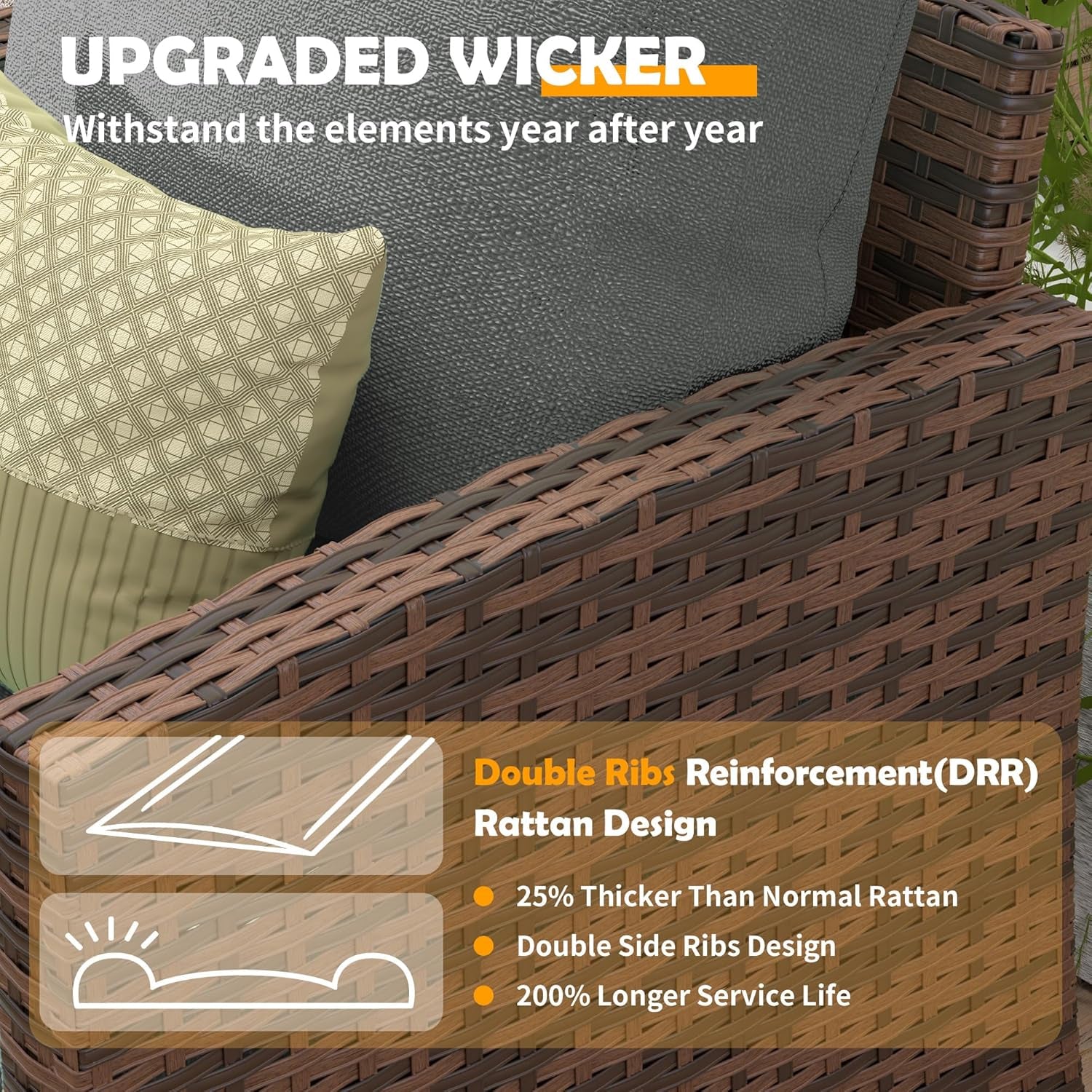 Patio Conversation Set, 5 Pieces Outdoor Furniture Set, All-Weather Wicker Rattan High Back Outdoor Sectional Sofa Set with Ottoman for Poolside, Backyard, Brown Wicker Dark Grey Cushions