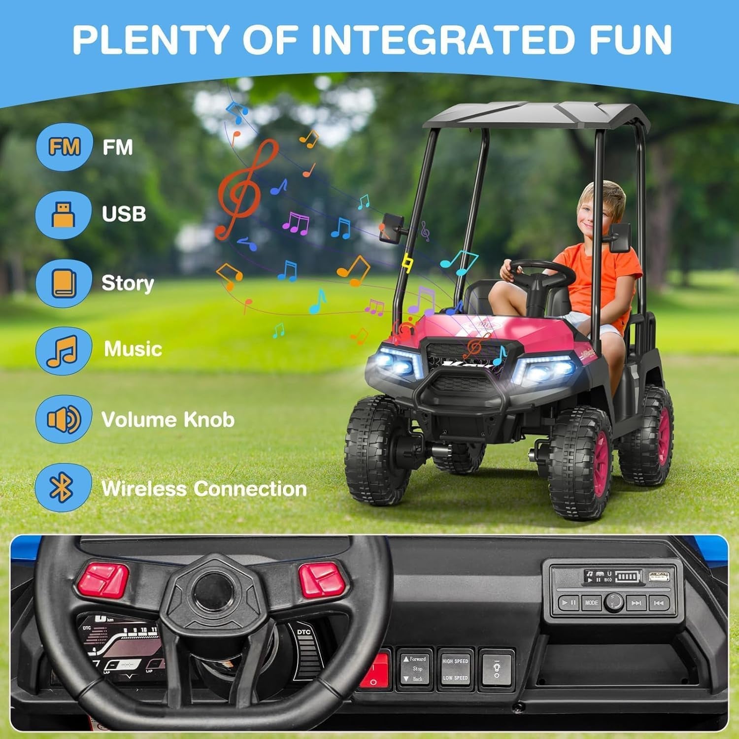 R9 24V Kids Golf Cart, 4 Seats, 4WD Kids Electric Car W/Remote Control, Detachable Awning, Spring Suspension, Multimedia Functions Including Music, Story, Wireless Connection, Horn, Power Display