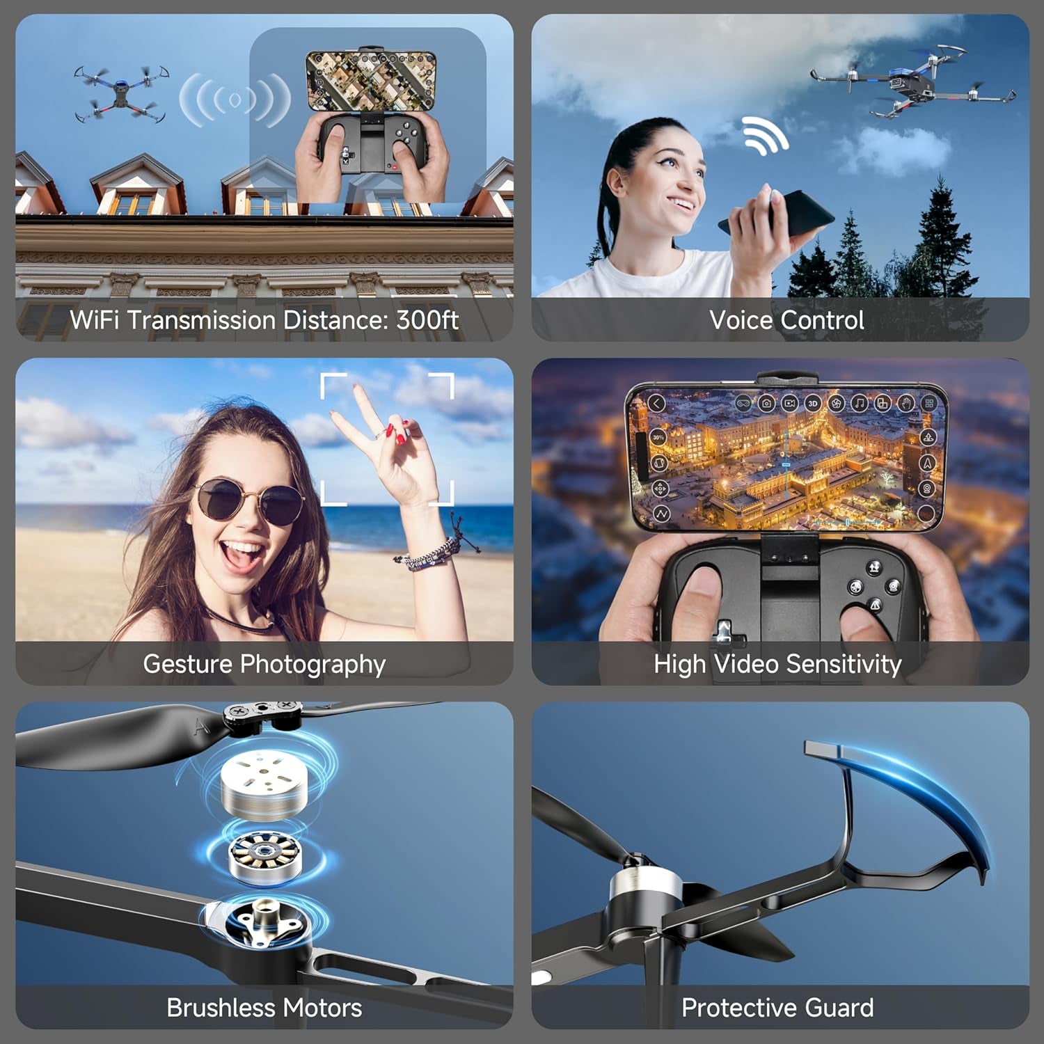 Drones with Camera for Adults 4K Brushless Motor Drone for Kids Beginners, FPV Foldable RC Quadcopter with Propeller Guards, 2 Batteries, 1500Mah, 130° Lens, Wifi, Voice Control, Gesture Photography, Gift Toys for Men Boys
