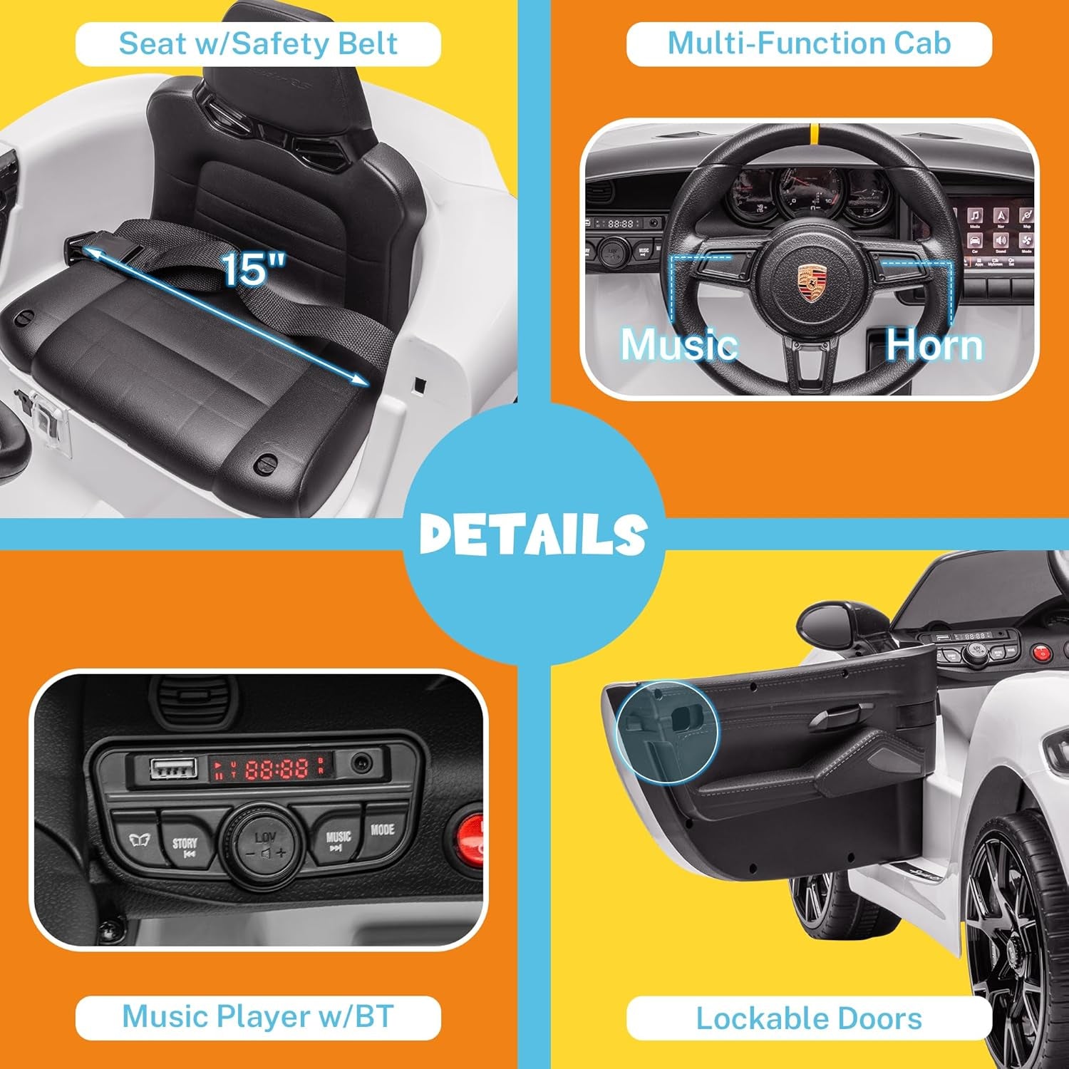 Licensed Porsche 718 Spyder RS Ride-On Electric Car for Kids with Remote Control, 12V Ride on Toys for Toddlers, Electric Power Vehicle W/Trailer Wheels, Bluetooth/Usb/Aux, LED Lights, White