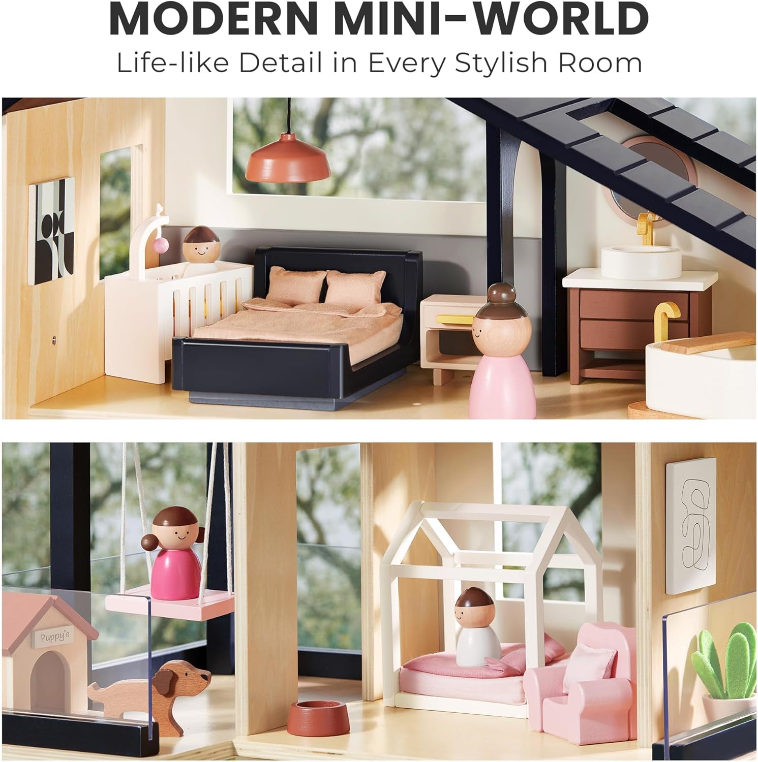 Doll House, Modern Family Dollhouse with Realistic Design, Wooden Dollhouse with 53Pcs Furniture - Ideal Gift for Kids Ages 3+