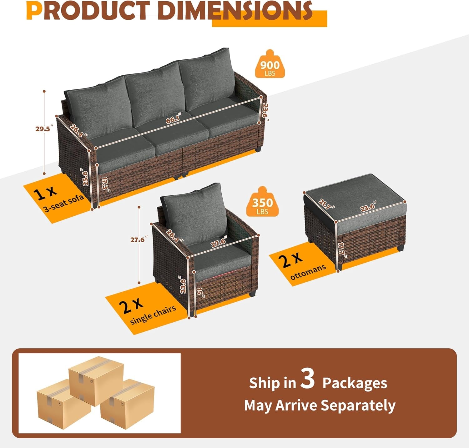 Patio Conversation Set, 5 Pieces Outdoor Furniture Set, All-Weather Wicker Rattan High Back Outdoor Sectional Sofa Set with Ottoman for Poolside, Backyard, Brown Wicker Dark Grey Cushions