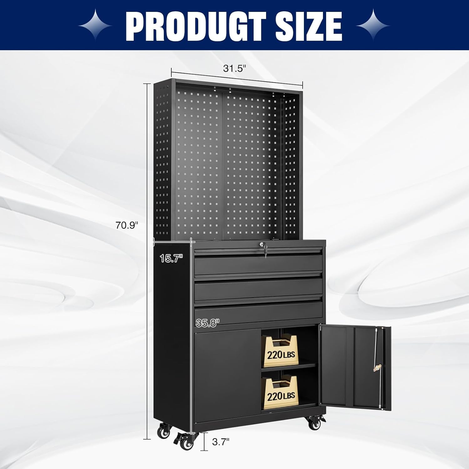 Metal Garage Storage Cabinet with Wheels,3-Drawer Rolling Tool Cabinet with 2 Door and Adjustable Shelves,- 71" Steel Tool Cabinet for Warehouse,Garage,Workshop