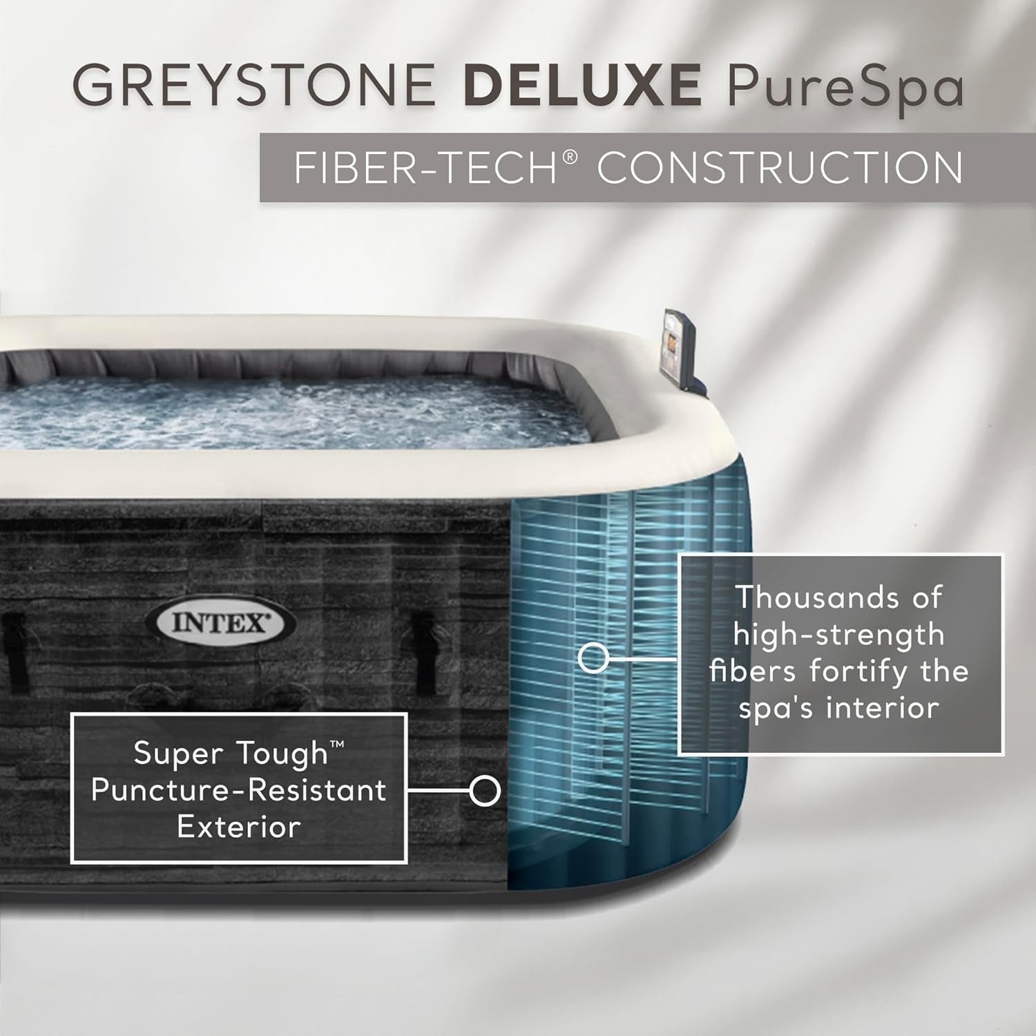 28451EP Purespa Greystone Deluxe Spa Set: Includes Energy Efficient Spa Cover and Wireless Control Panel – Spa Control App – Built-In Fastfill Inflation System – 6 Person Capacity – 77" X 28"