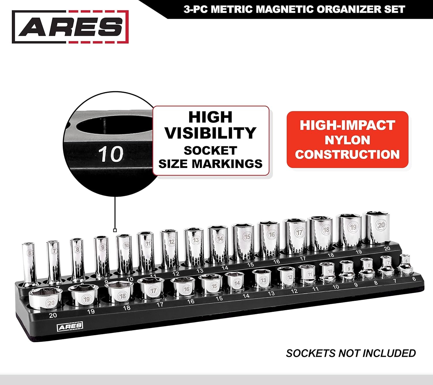 60034-3-Piece Black Metric Magnetic Socket Organizer Set - Includes 1/4-Inch, 3/8-Inch, and 1/2-Inch Socket Holders - Holds Standard Size and Deep Size Sockets - Keeps Your Tool Box Organized