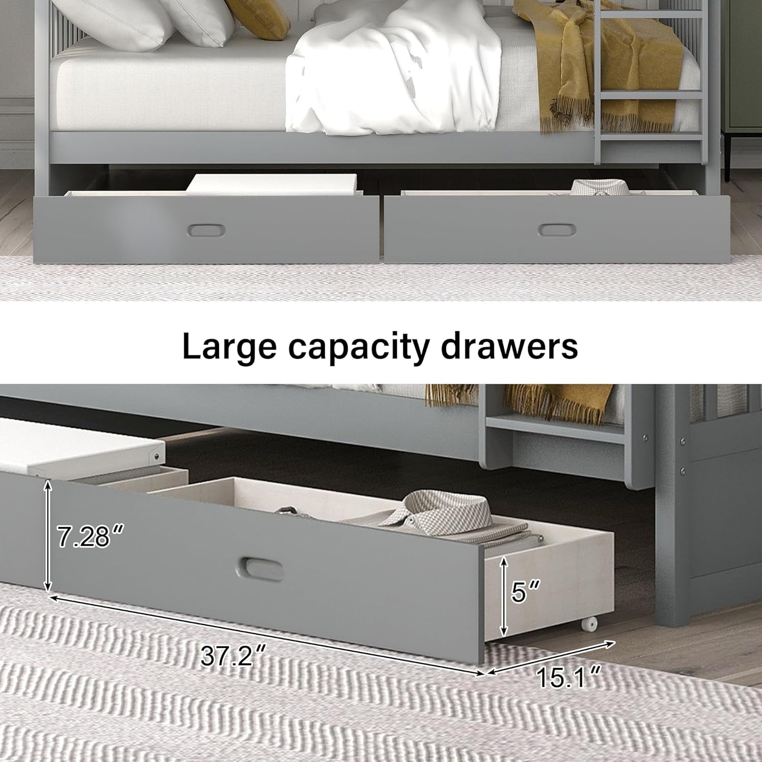 Wood Bunk Bed with Drawers,Convertible Wood Bunk Bed with Ladders and Two Storage Drawers,Solid Wood Detachable Bunk Bed Frame with Ladders,Full over Full,Grey
