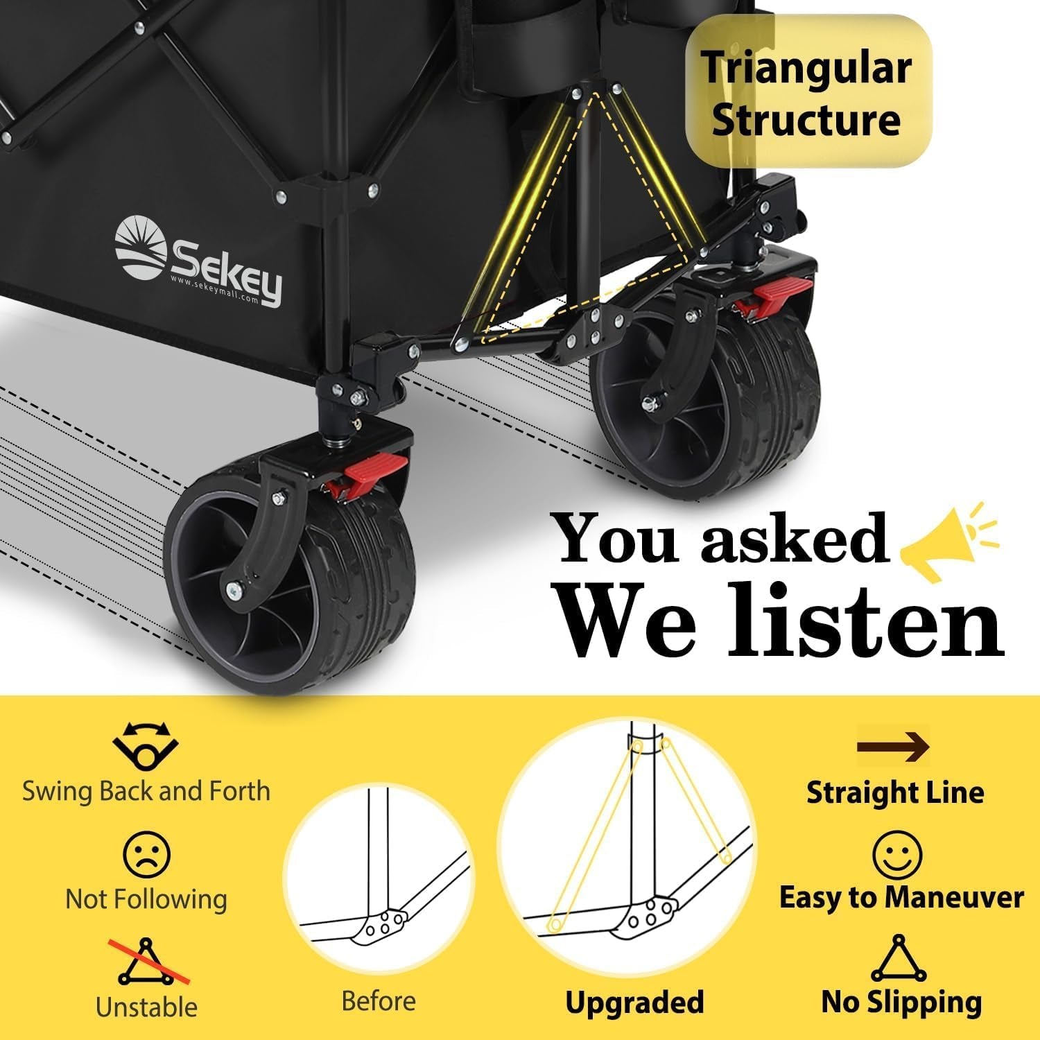 48''L Collapsible Foldable Extended Wagon with 440Lbs Weight Capacity, Heavy Duty 300L Folding Utility Garden Cart with Big All-Terrain Beach Wheels & Drink Holders. Black
