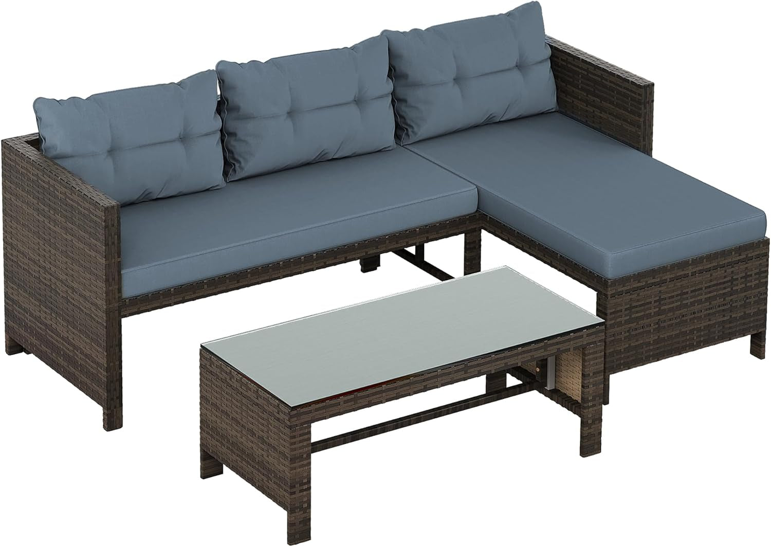 Outdoor Patio Furniture Sets, Wicker Patio Sectional Sets 3-Piece, All Weather Wicker Rattan Patio Seating Sofas with Glass Coffee Table and Cushion (Blue)