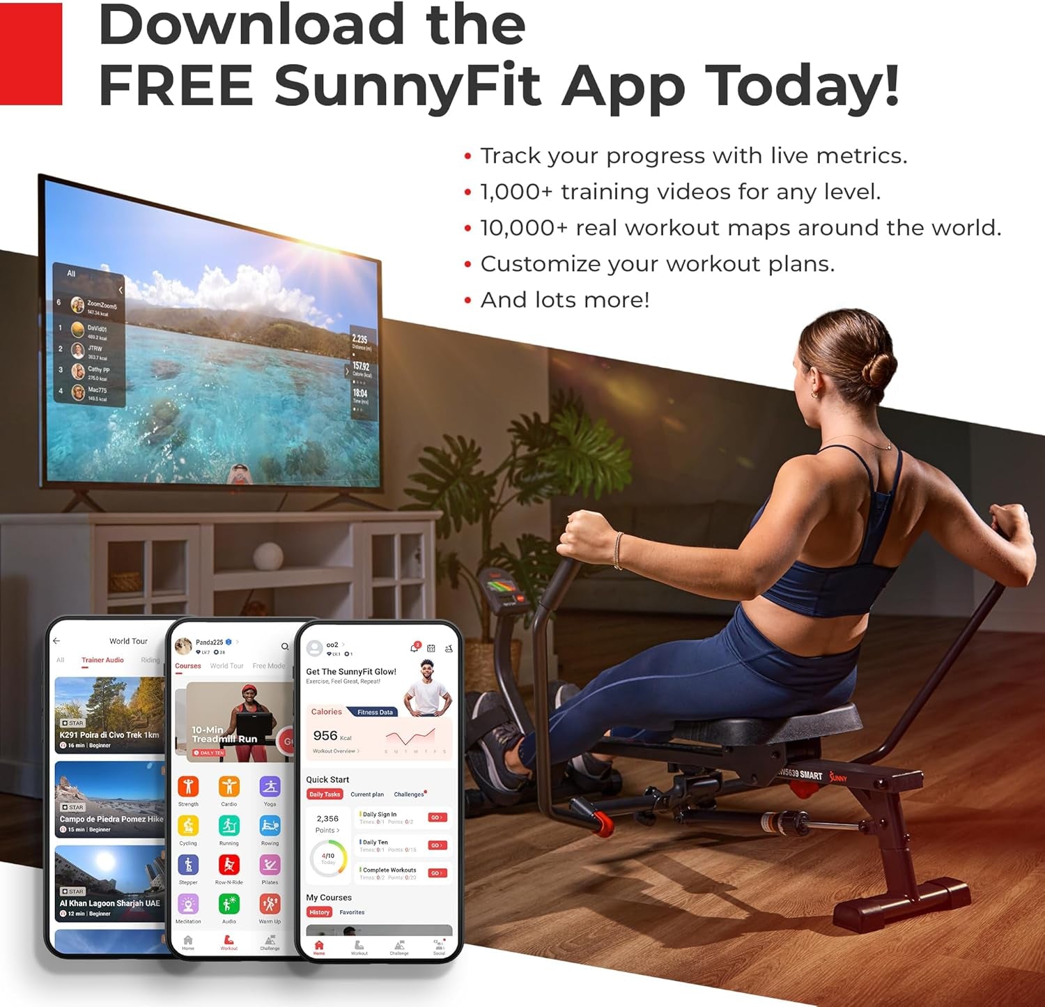 Magnetic Rowing Machine for Home Exercise, Quiet & Smooth Rower with Compact Storage and Optional Free Sunnyfit App Connectivity