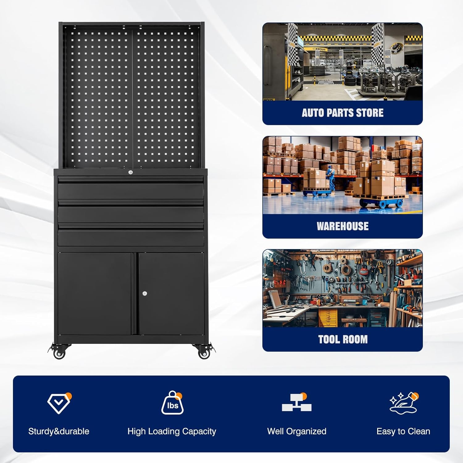 Metal Garage Storage Cabinet with Wheels,3-Drawer Rolling Tool Cabinet with 2 Door and Adjustable Shelves,- 71" Steel Tool Cabinet for Warehouse,Garage,Workshop