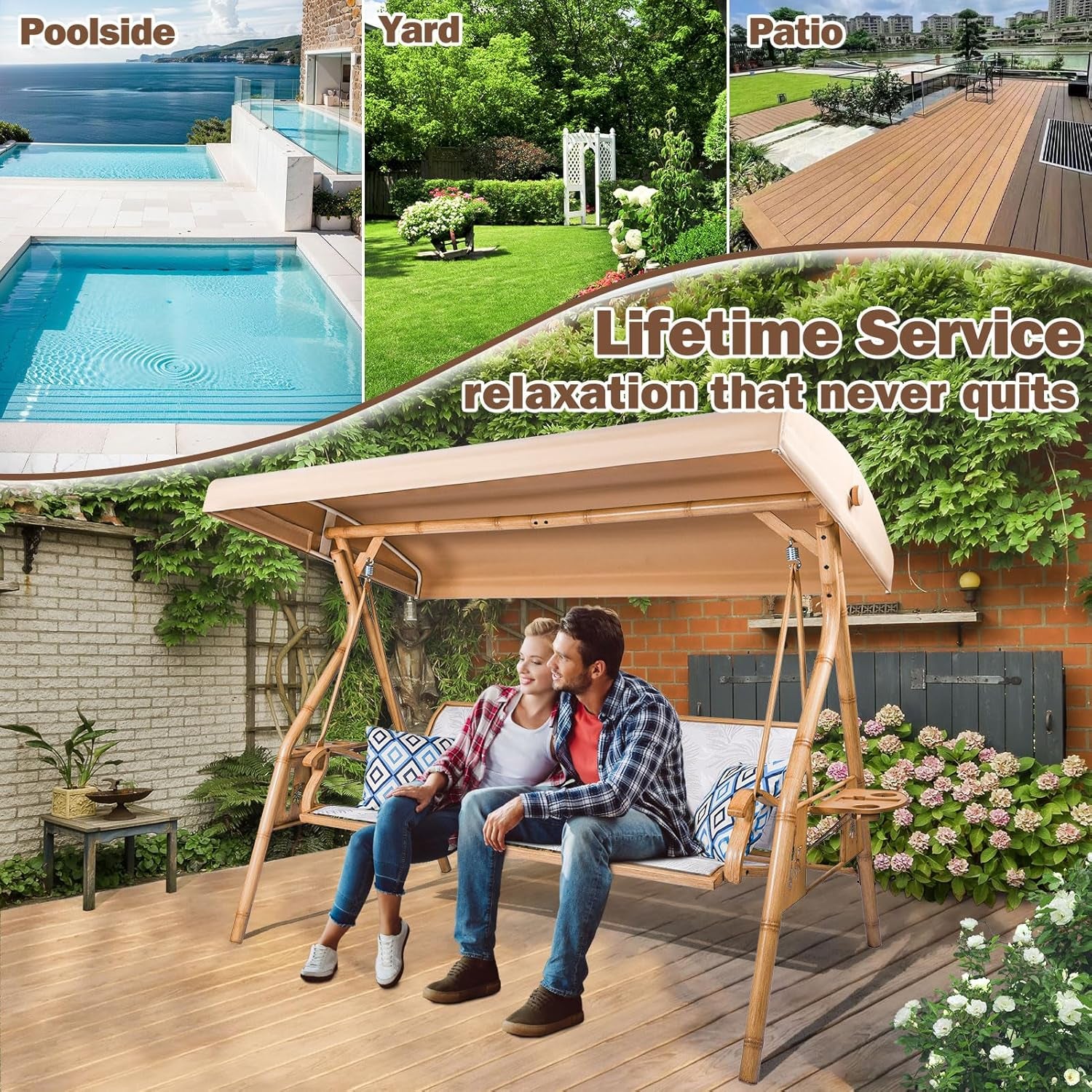 3 Person Patio Swing Outdoor Swing for Adults with Adjustable Canopy &Upgraded Cup Holders Textilene Fabric Porch Swing Chair with Stand Heavy Duty 800 LBS