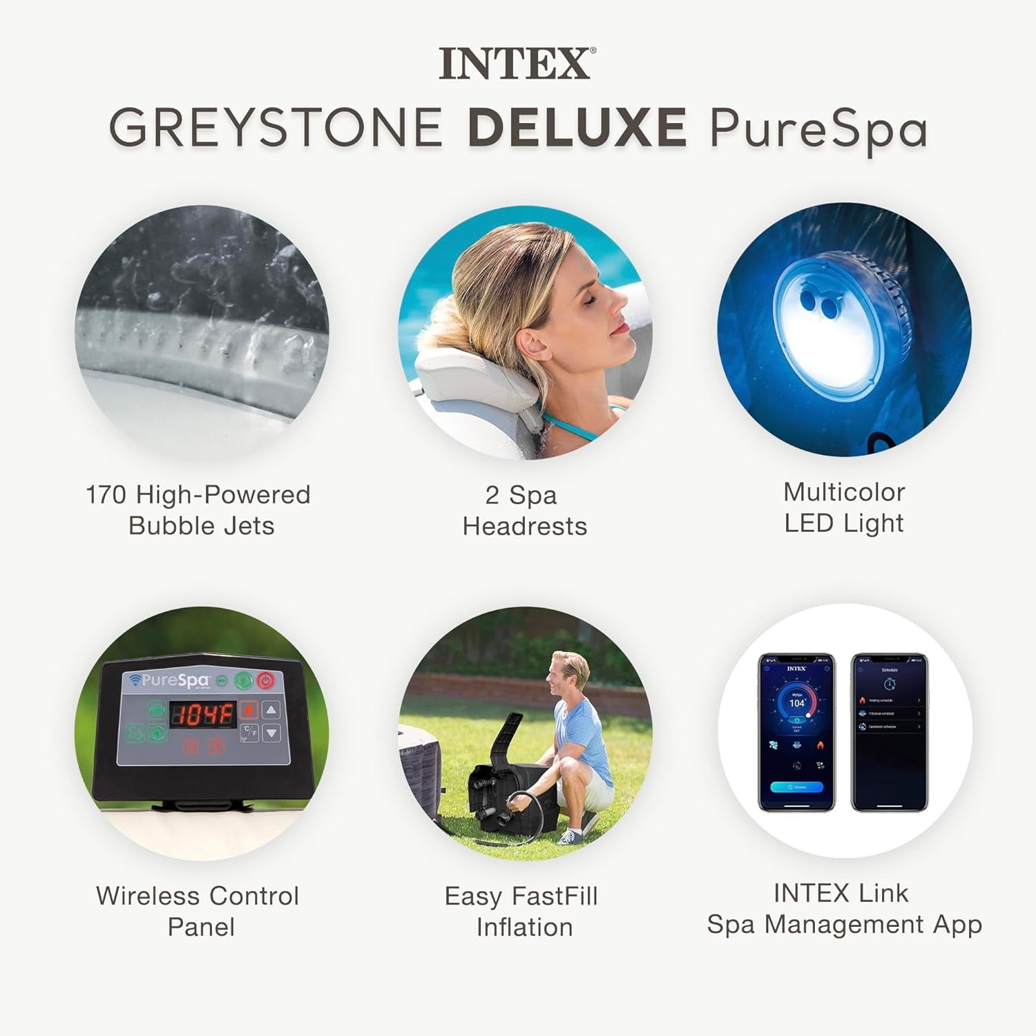 28451EP Purespa Greystone Deluxe Spa Set: Includes Energy Efficient Spa Cover and Wireless Control Panel – Spa Control App – Built-In Fastfill Inflation System – 6 Person Capacity – 77" X 28"