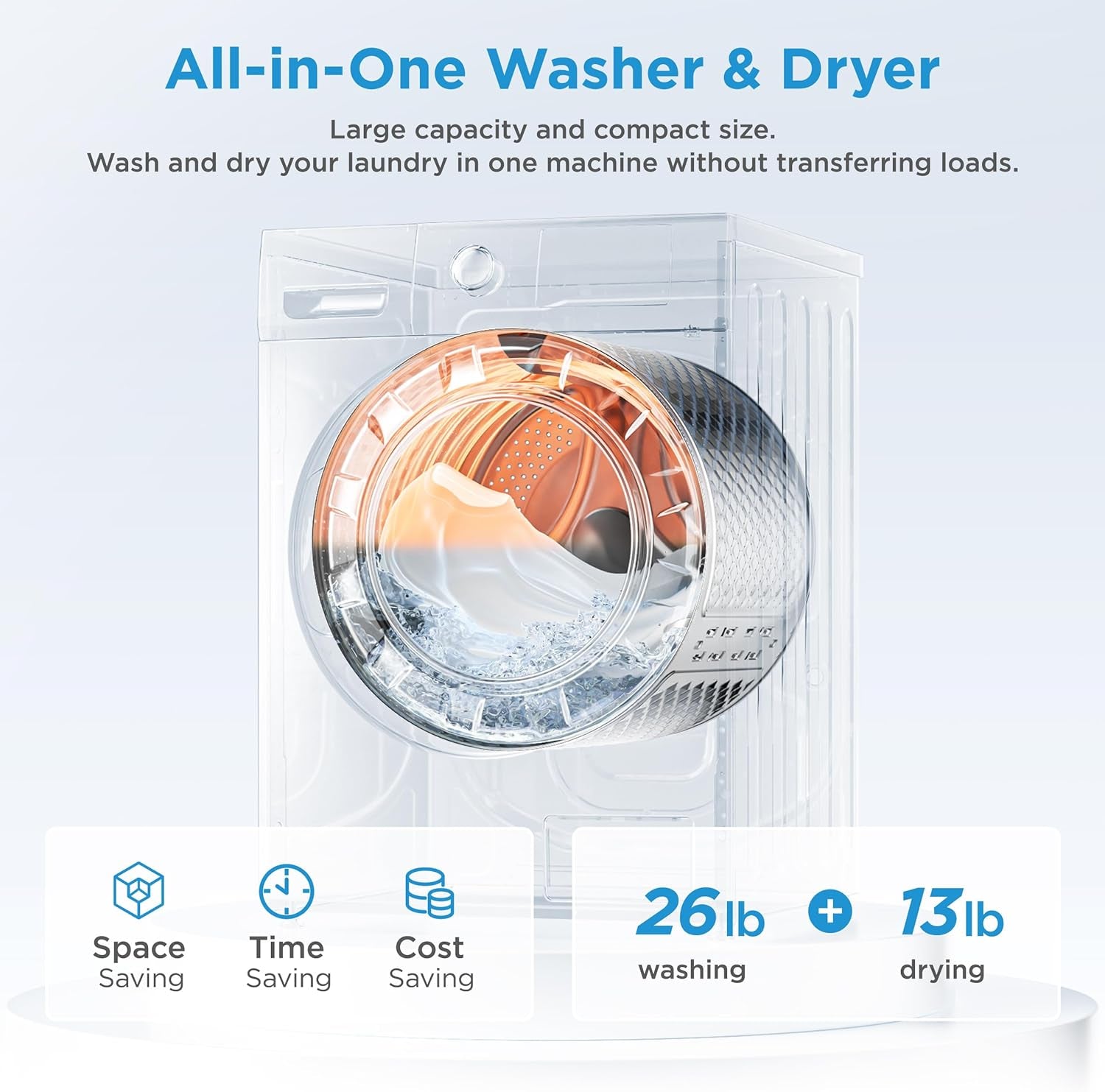 24 Inch Washer and Dryer Combo, All in One Washer and Dryer 2.7 Cu.Ft 26Lbs, Ventless Washing Machine, Steam Care, Overnight Dry, 1400 RPM, 16 Cycles Front Load Washer, Full-Automatic, White