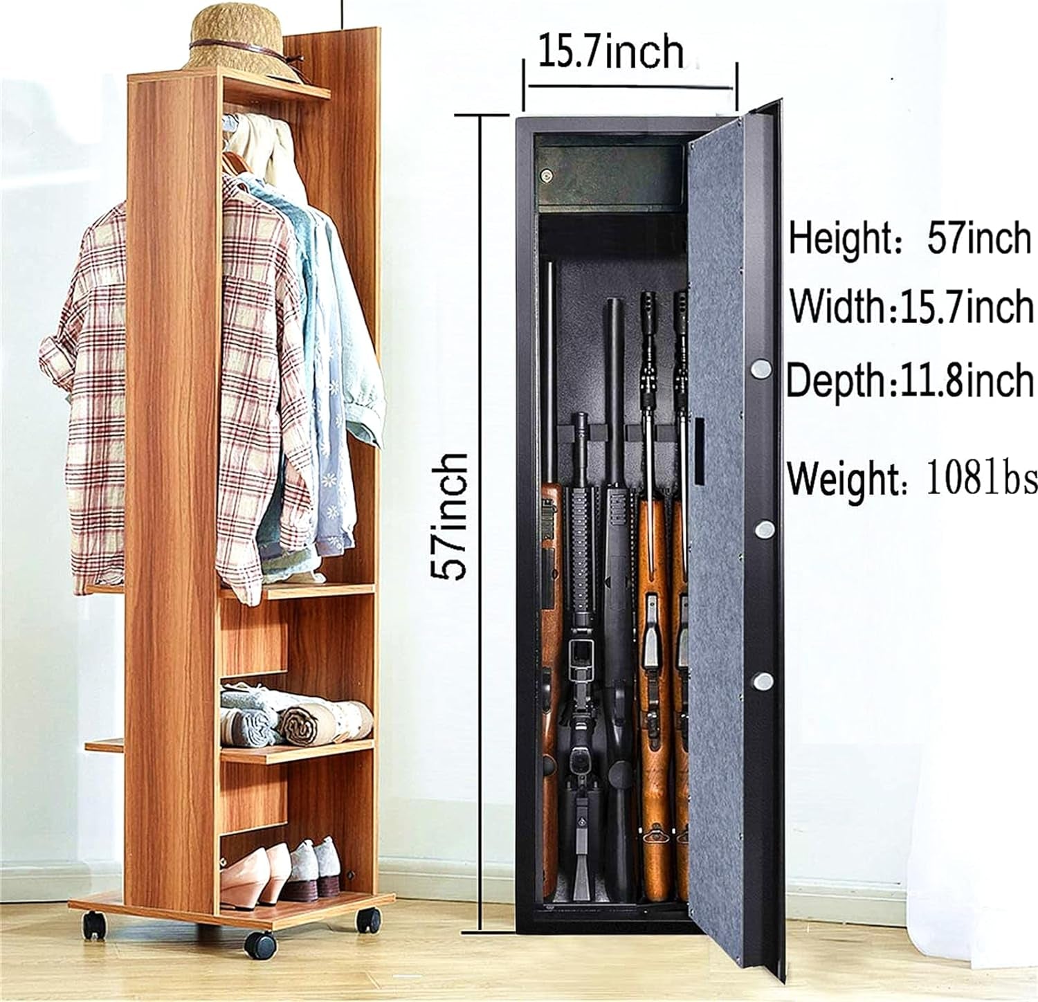 Large Rifle Safe, Long Gun Safe for Rifle Shotgun for Home, Quick Access 5-6 Gun Storage Cabinet with a Handgun Lock Box and a Removable Shelf, Silent Mode(Pin Code Version)