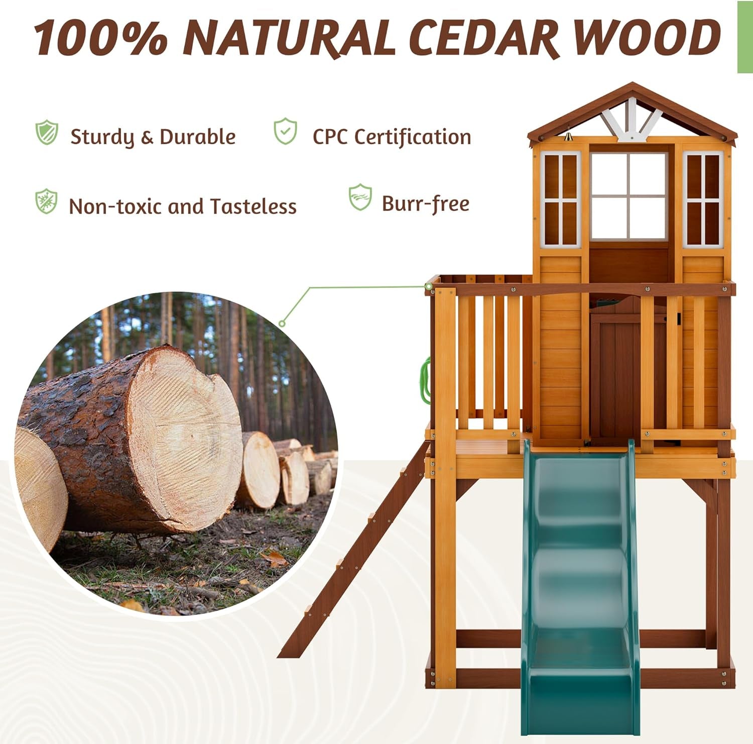 Kids Outdoor Playhouse, Cedar Wooden Outdoor Play House with Growth Chart,Interactive Play Kitchen,Wave Slide,Installation Manual and Videos Included