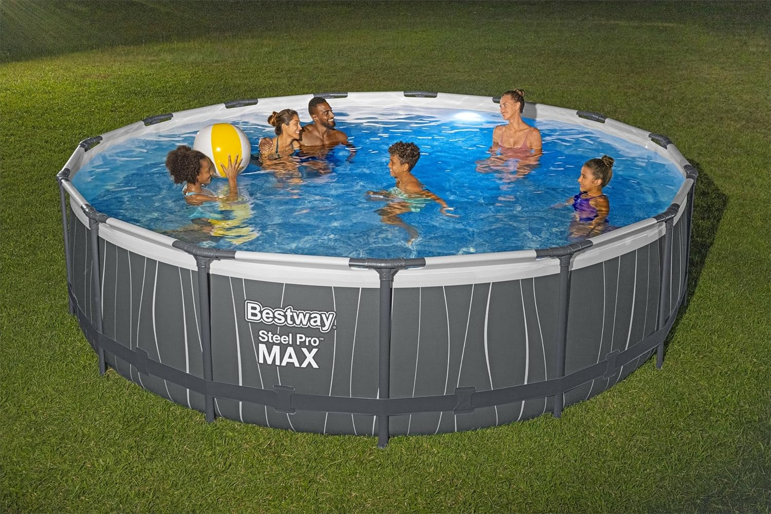 Steel Pro MAX above Ground Swimming Pool (15' X 42") | round Outdoor Backyard Family Pool with Color-Changing Pool Liner | Features 7-Color LED Lights
