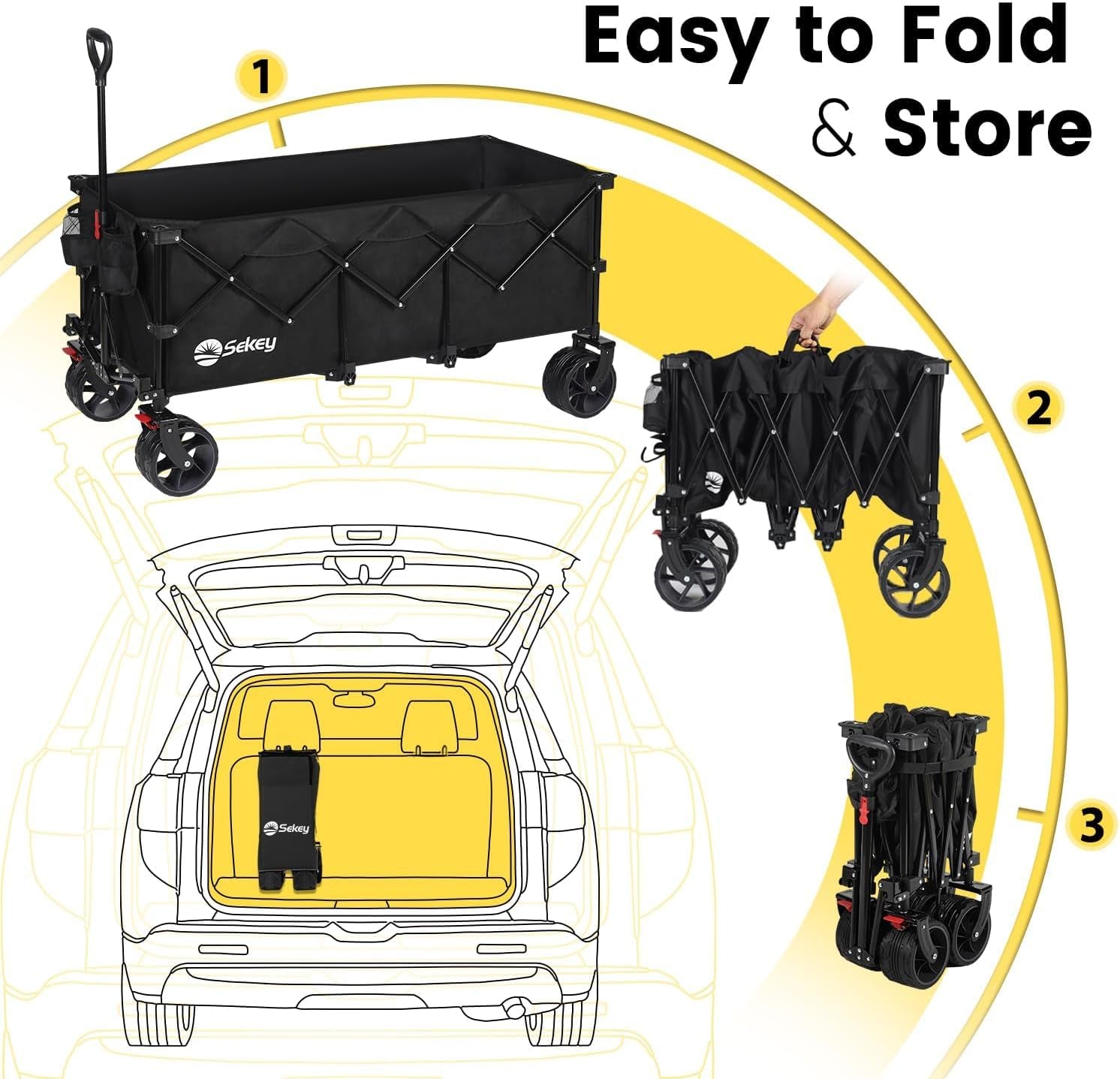 48''L Collapsible Foldable Extended Wagon with 440Lbs Weight Capacity, Heavy Duty 300L Folding Utility Garden Cart with Big All-Terrain Beach Wheels & Drink Holders. Black