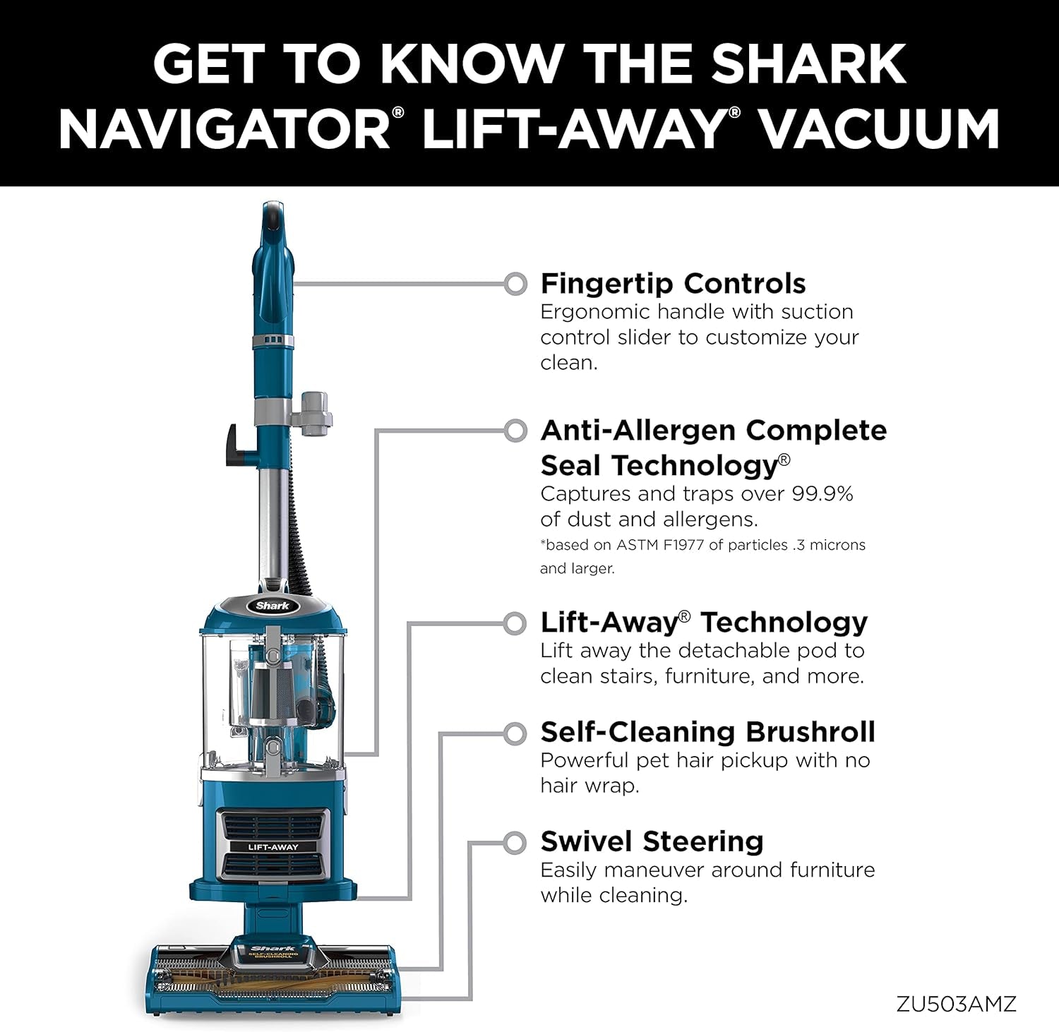 Upright Vacuum, Navigator Lift-Away with Self-Cleaning Brushroll, HEPA Filter, Swivel Steering, Upholstery Tool & Pet Crevice Tool, Perfect for Pets & Multi-Surface, Teal, ZU503AMZ