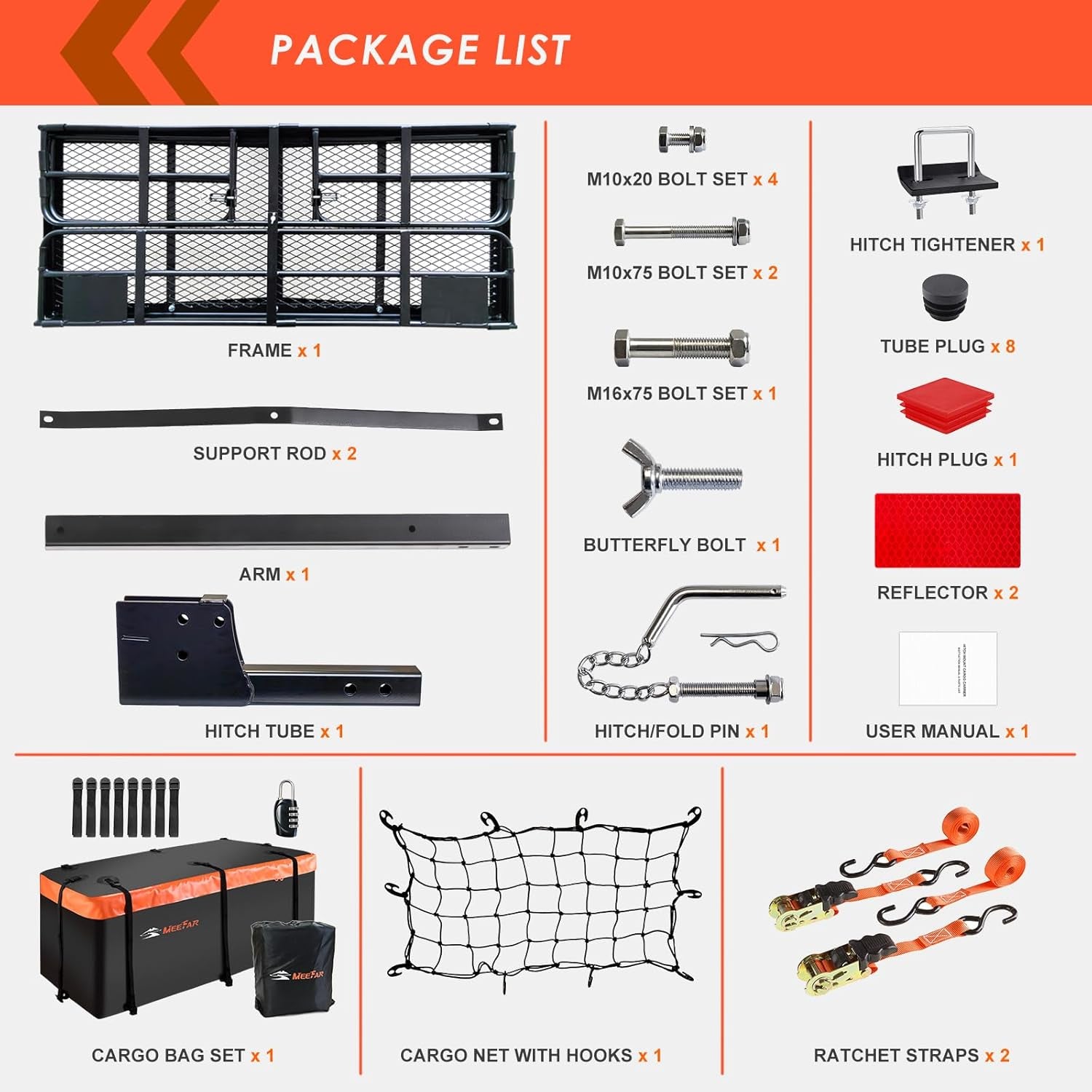 High Rail Trailer Folding Hitch Mount Cargo Carrier Basket 60" X 24" X 14"+Waterproof Cargo Bag 20 Cu Ft(59" 24" 24"), Capacity of 500 Lbs with Hitch Stabilizer, Net, Lock and Straps
