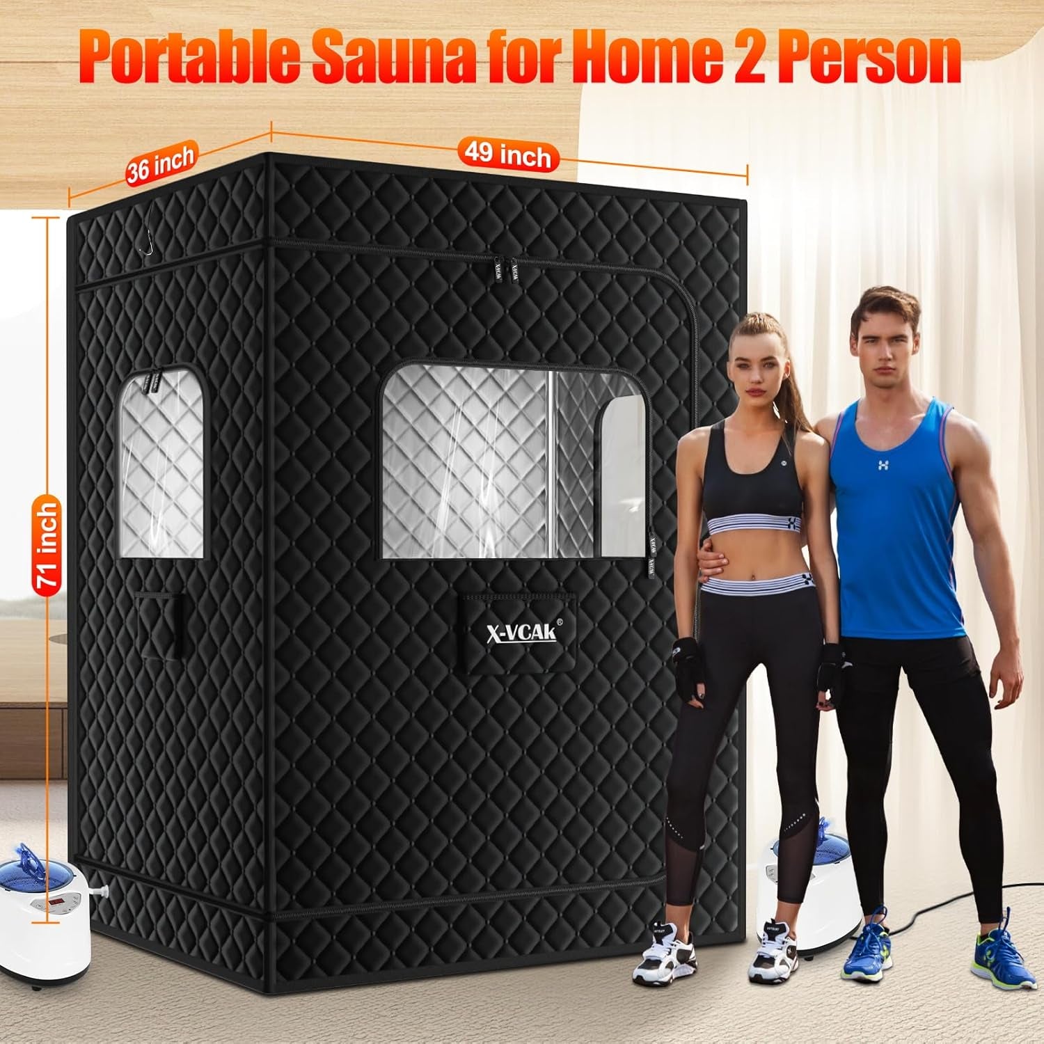 2 Person Sauna, Extra Large Sauna Box, Portable Steam Sauna Tent with 2 Steamers, 2 Folding Chair, 71”X 49”X 36”, Black
