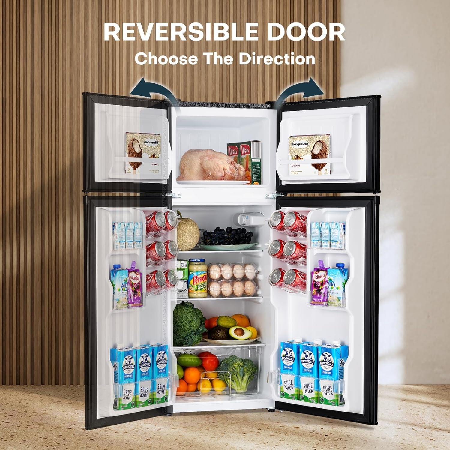 4.0 Cu.Ft. Mini Fridge with Freezer, Dorm Essentials, Double Door Small Refrigerator for Office, Dorm, Bedroom, Adjustable Thermostat, Large Capacity, Black-Br401