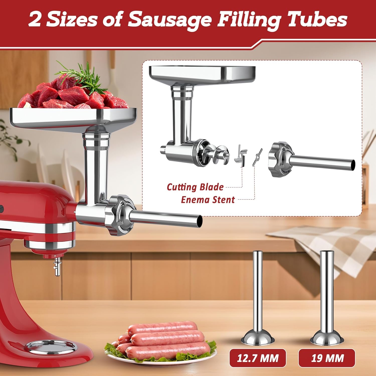 Meat Grinder & Pasta Maker Attachment for ALL Kitchenaid Stand Mixers,Kitchen Aid Mixer Accessories Includes Metal Meat Grinder with Sausage Stuffer Tubesand and Pasta Maker Attachment 3 in 1 Set