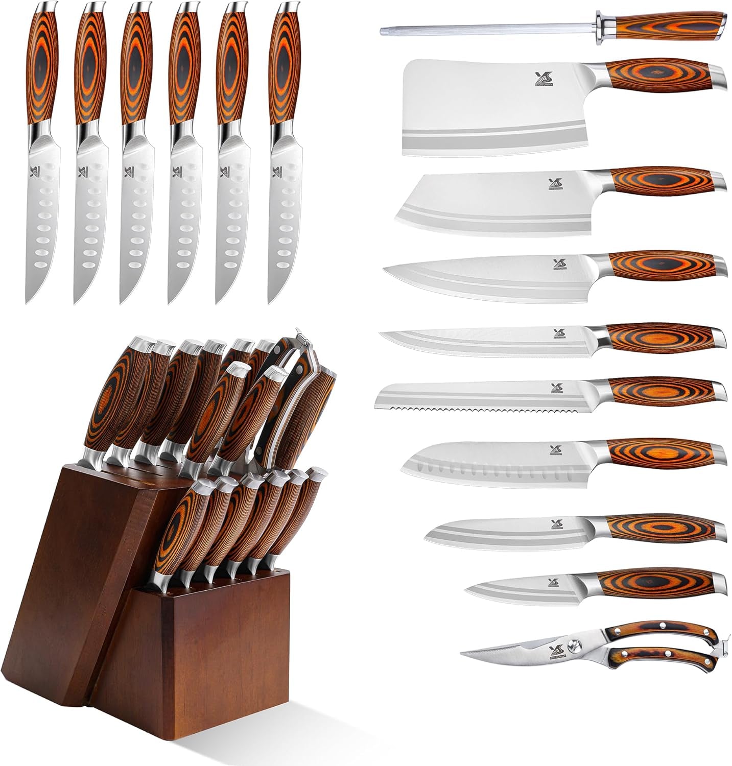 Knife Block Set 17-Piece Knife Set with Wooden Block - German Steel Perfect Cutlery Set Gift