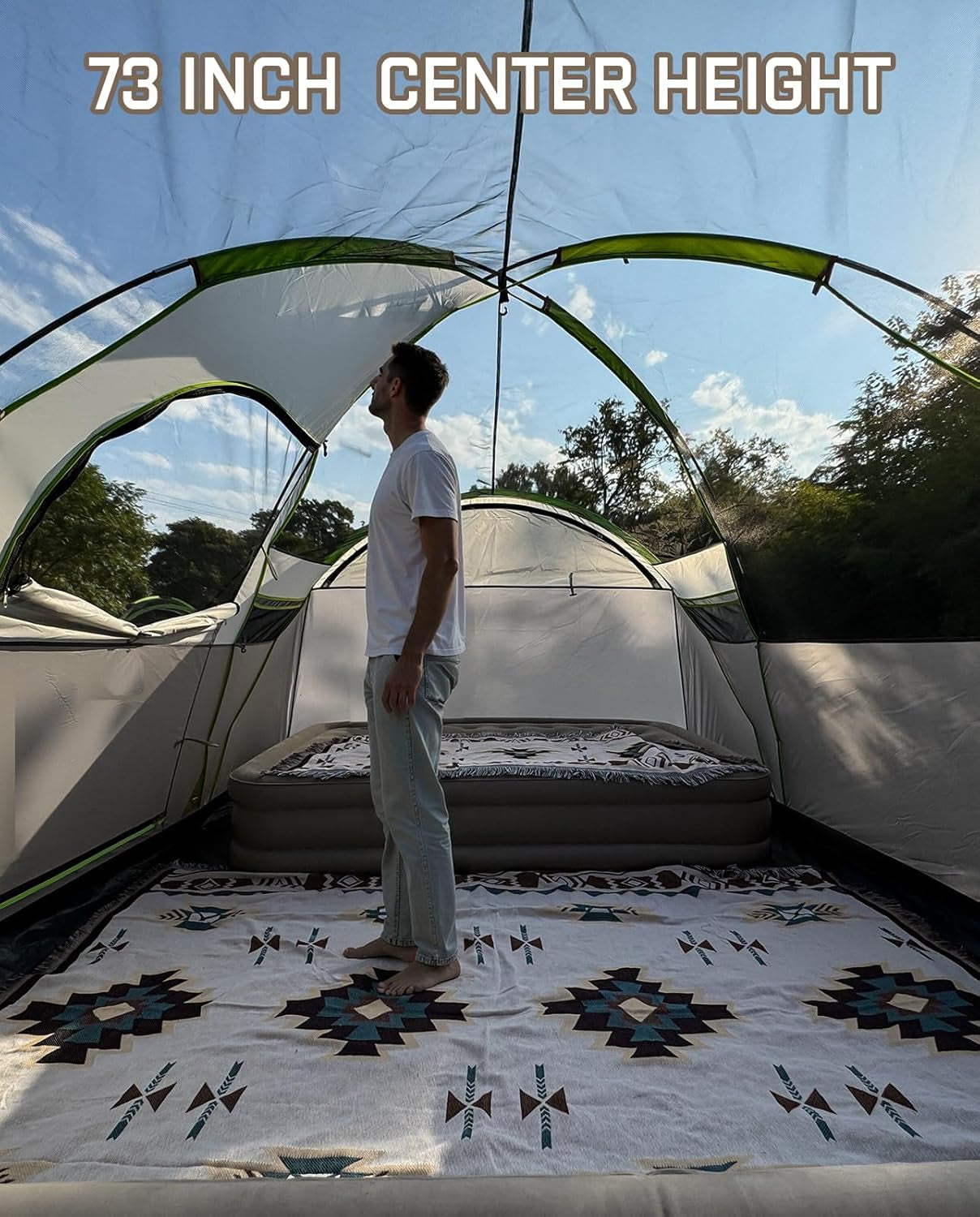 8 Person Larger Extended Dome Camping Tent with 3 Rooms, Waterproof Semi-Freestanding Family Outdoor Tent with Spacious Interior and Mesh Windows